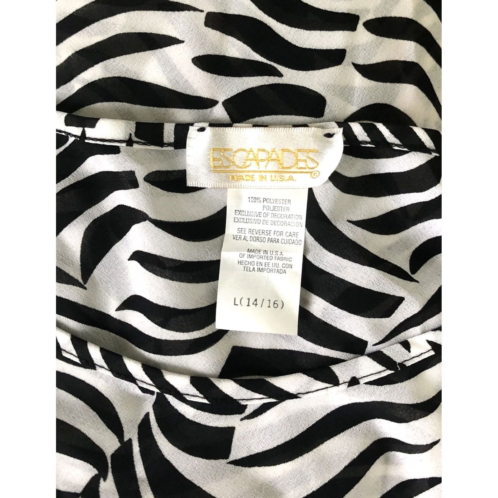 Vintage VINTAGE escapades Blouse Shirt Womens L Zebra Sleeveless Ruffles Tank 90s Y2K Glam Chic Black White Sheer Chiffon Polyester Size L / US 10 / IT 46 - 4 Thumbnail