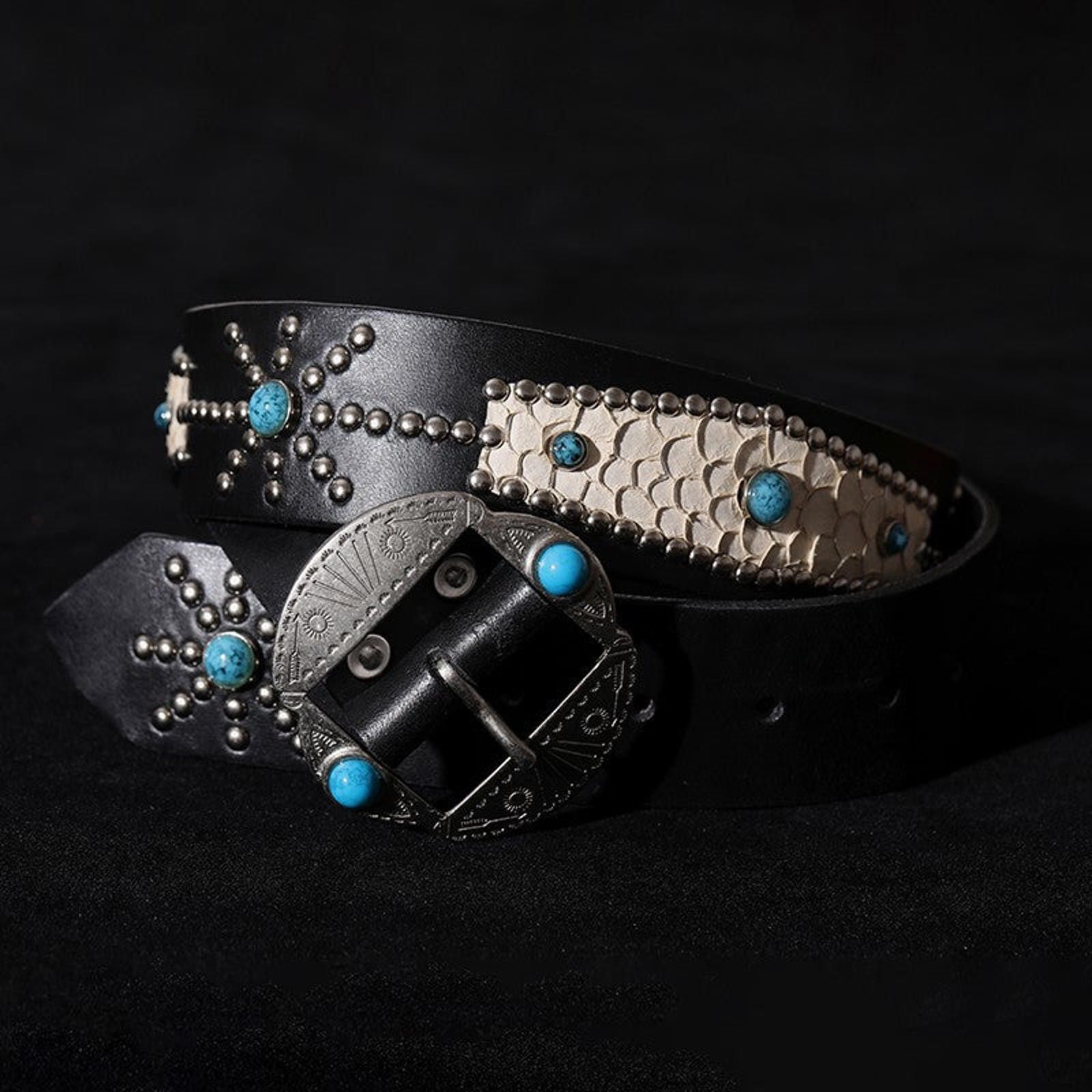 Japanese Brand Handmade Veg-Tan Belt – Western Style, Braided & Rivets Size ONE SIZE - 2 Thumbnail