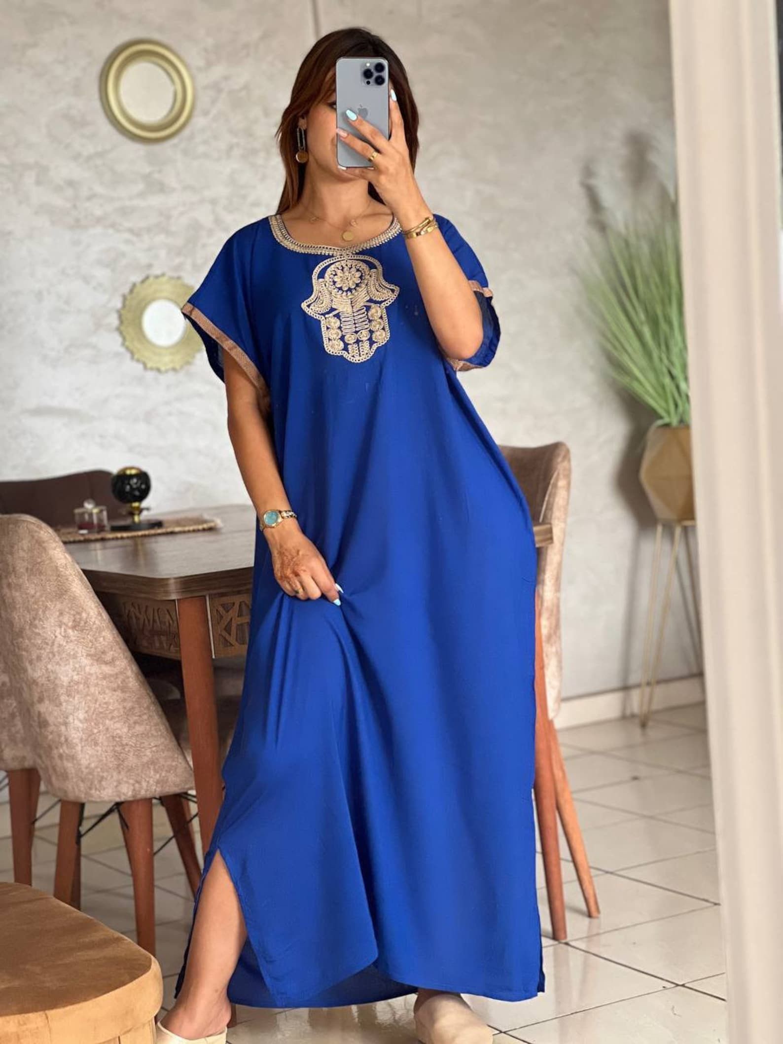 Designer × Handmade Blue Moroccan Kaftan Djellaba Size ONE SIZE - 1 Thumbnail