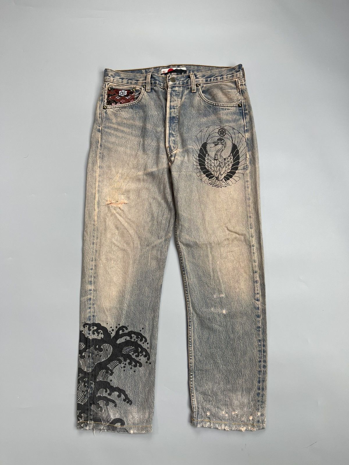 Karakuri Tamashii Distressed navy blue jeans with unique embroidery Size US 33 - 1 Thumbnail