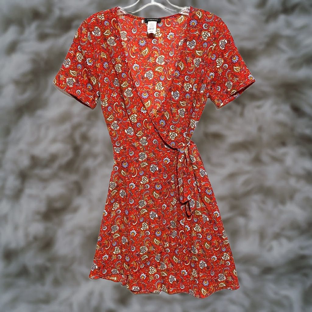 Harmony Red Paisley Floral V Neck Wrap Dress Womens S Tie Waist Boho Chic Summer Rayon Size S / US 4 / IT 40 - 1 Thumbnail