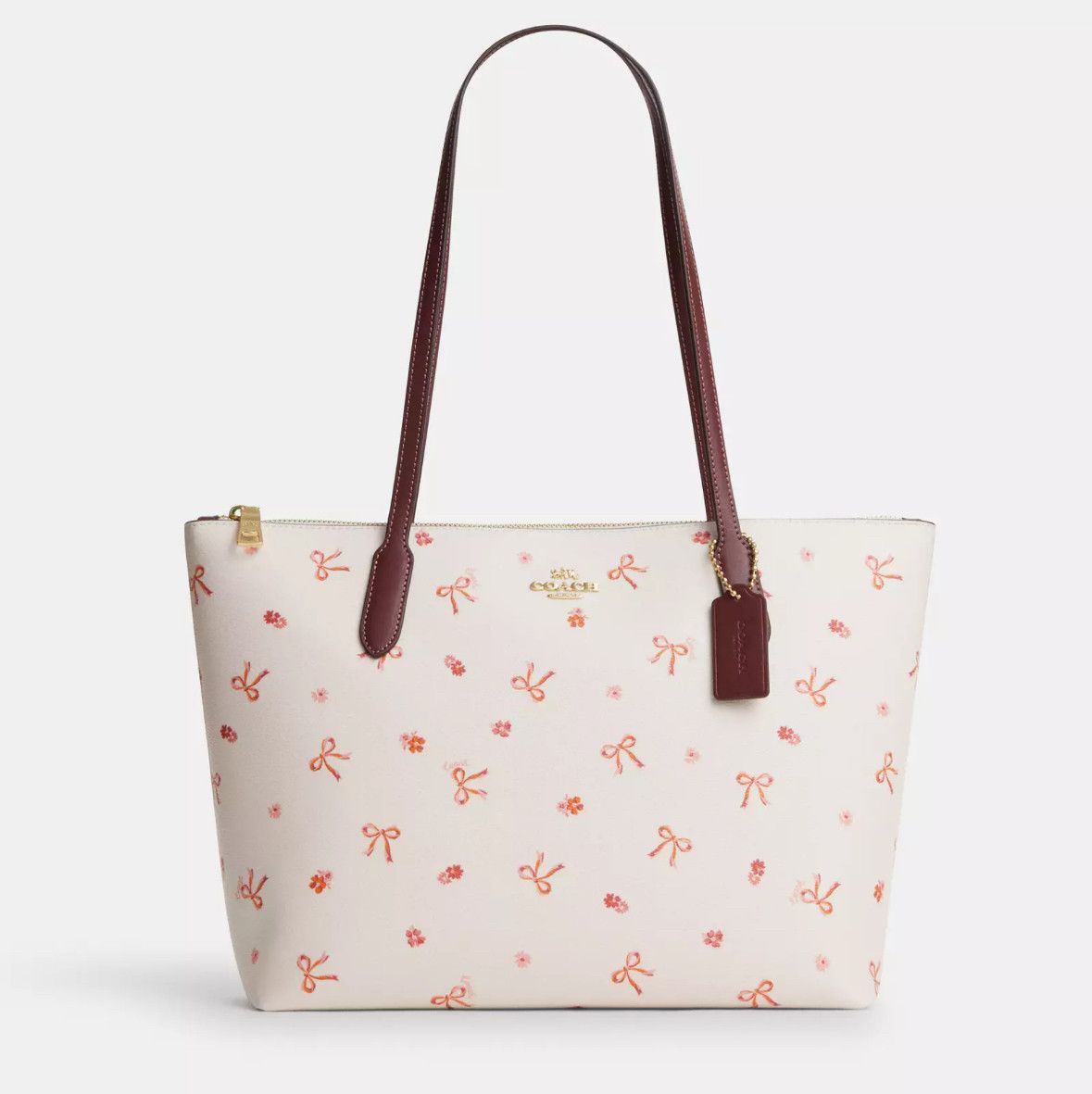 image of NWT Coach Zip Top Tote With Bow Print Cn627 in Chalk Wine, Women's