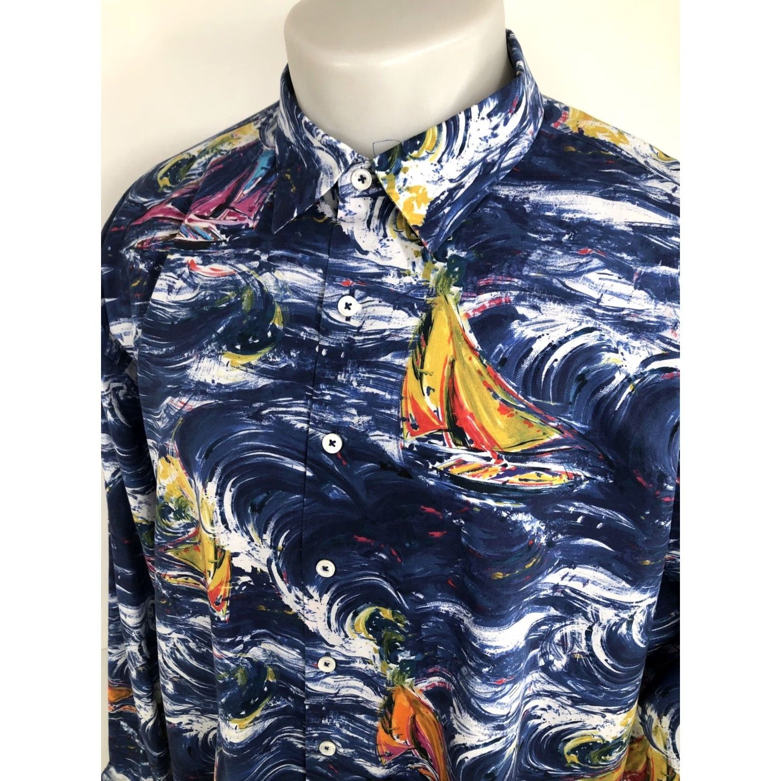 BUGATCHI BUGATCHI Shirt 2XL Navy Blue Sailboat Ocean Storm Theme Nautical Button-Up Mens Long Sleeve Size US XXL / EU 58 / 5 - 4 Thumbnail