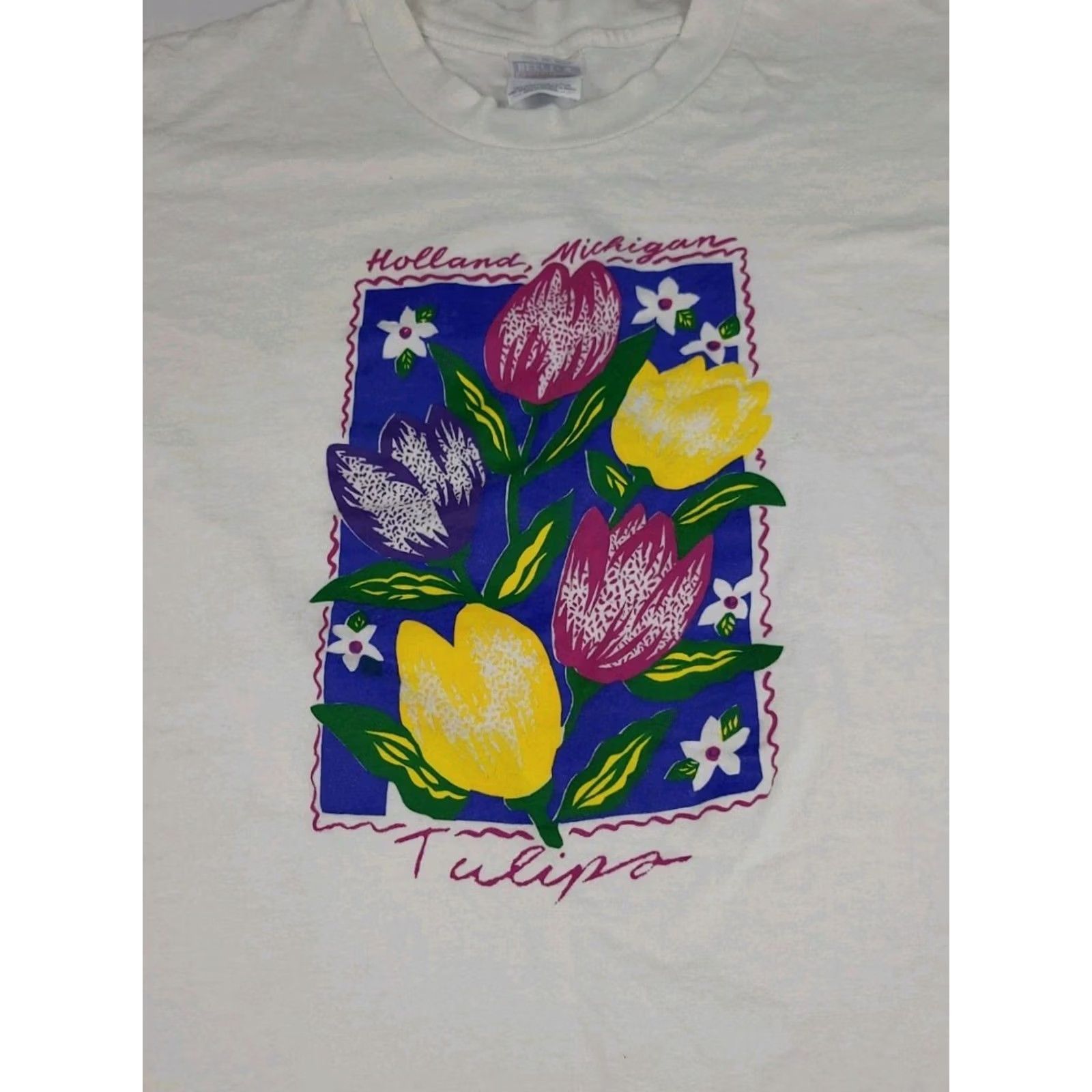 Hanes VINTAGE 90s Holland Michigan Tulips Flower Print T Shirt Hanes White 2XL Mens Shirt Short Sleeve Crew Neck USA Tulips 90s Size US XXL / EU 58 / 5 - 3 Thumbnail
