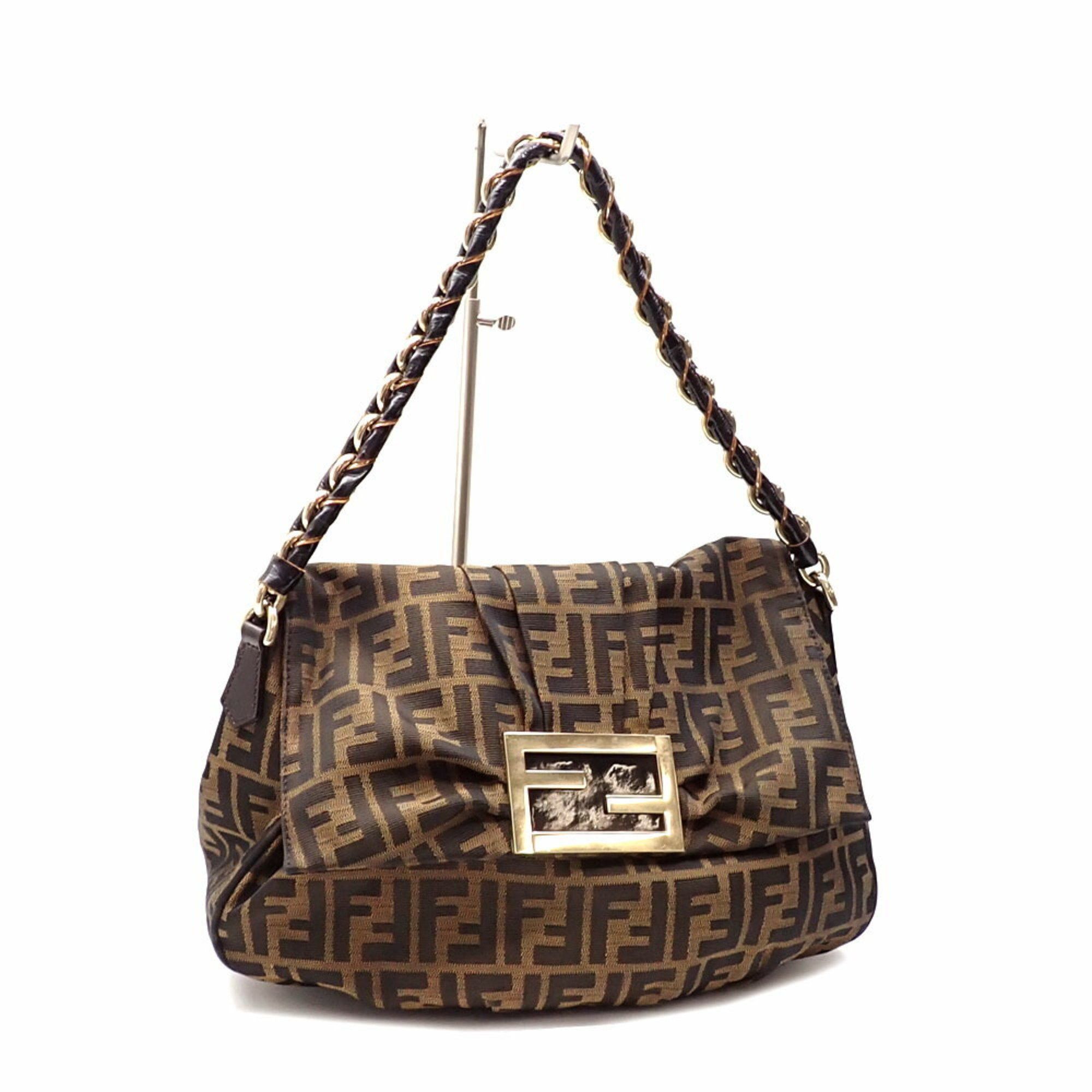 Fendi Mia Chain Shoulder Bag Zucca Women's Brown Canvas Patent Leather 8Br614