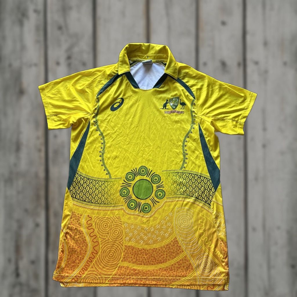 ASICS Jersey Mens Medium Yellow Australia Short Sleeve Collared Pullover Sports Shirt Jersey Performance Rugby Football Gym Training