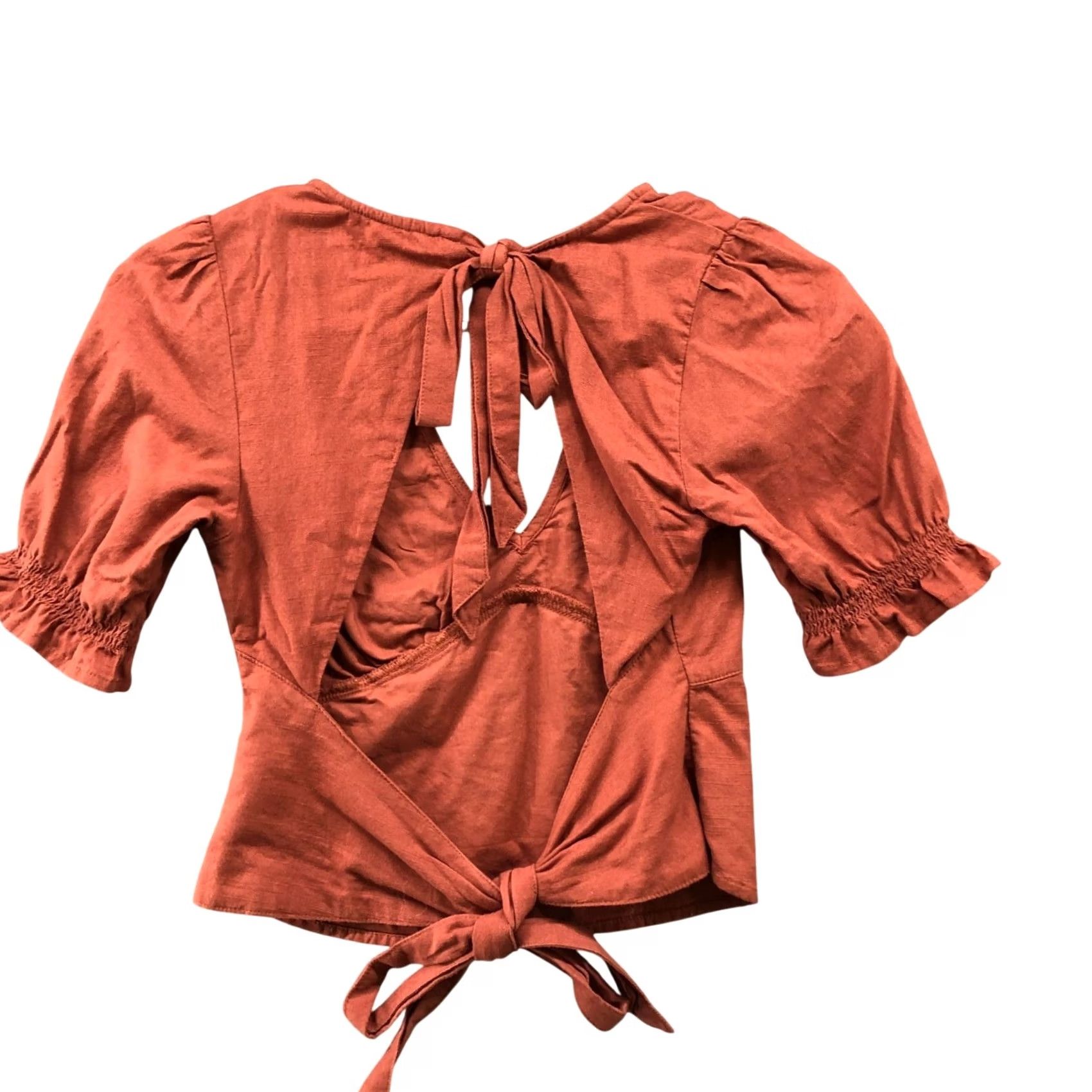 Abercrombie & Fitch Abercrombie & Fitch Puff Sleeve Blouse Womens XXS Tan Brown V-Neck Tie Open Back Short Sleeve Cropped Knit Cotton Casual Modern Size XXS / US 00 / IT 34 - 2 Thumbnail