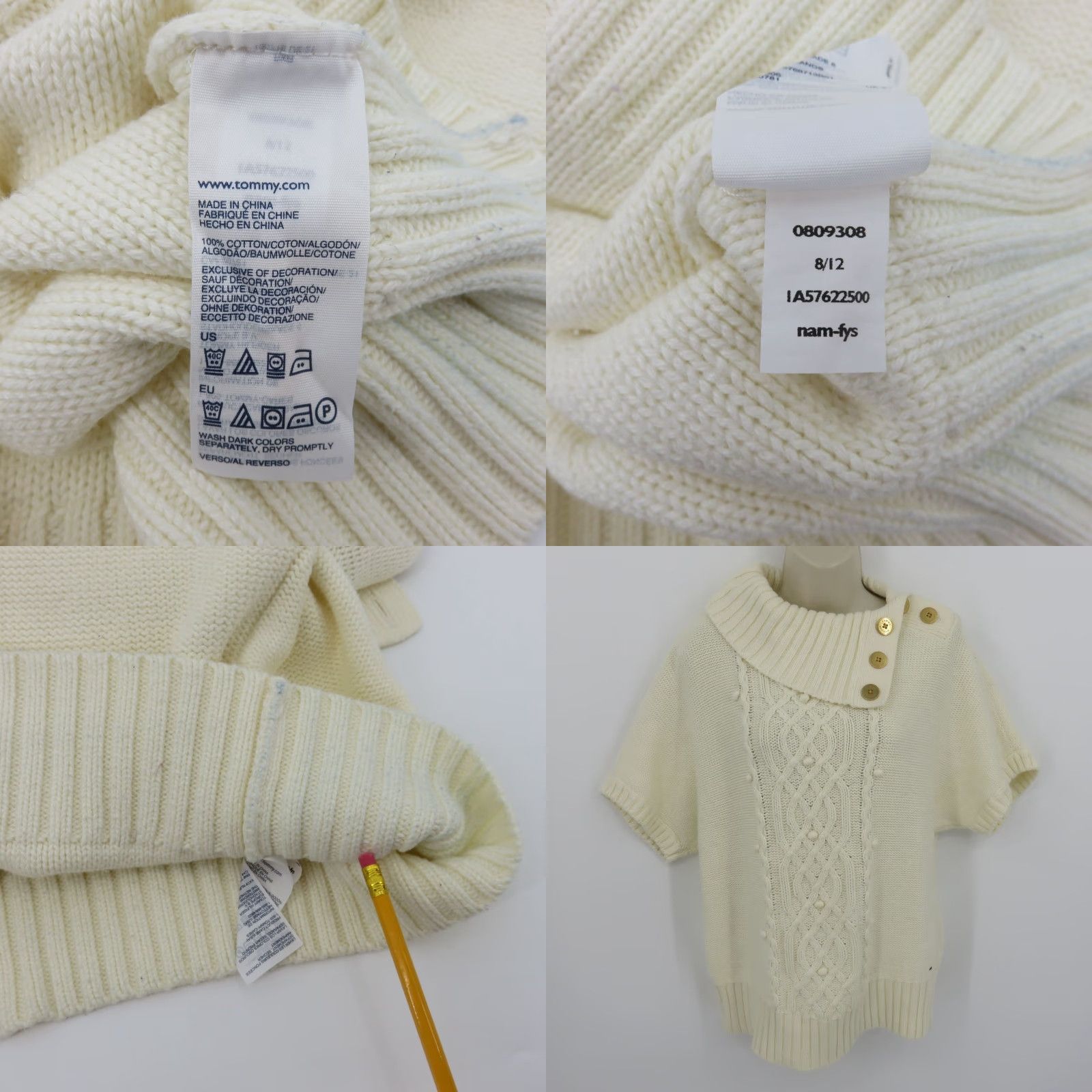 Tommy Hilfiger Tommy Hilfiger Women Small Cream Chunky Knit Short Sleeve Sweater Gold Buttons Size S / US 4 / IT 40 - 8 Thumbnail