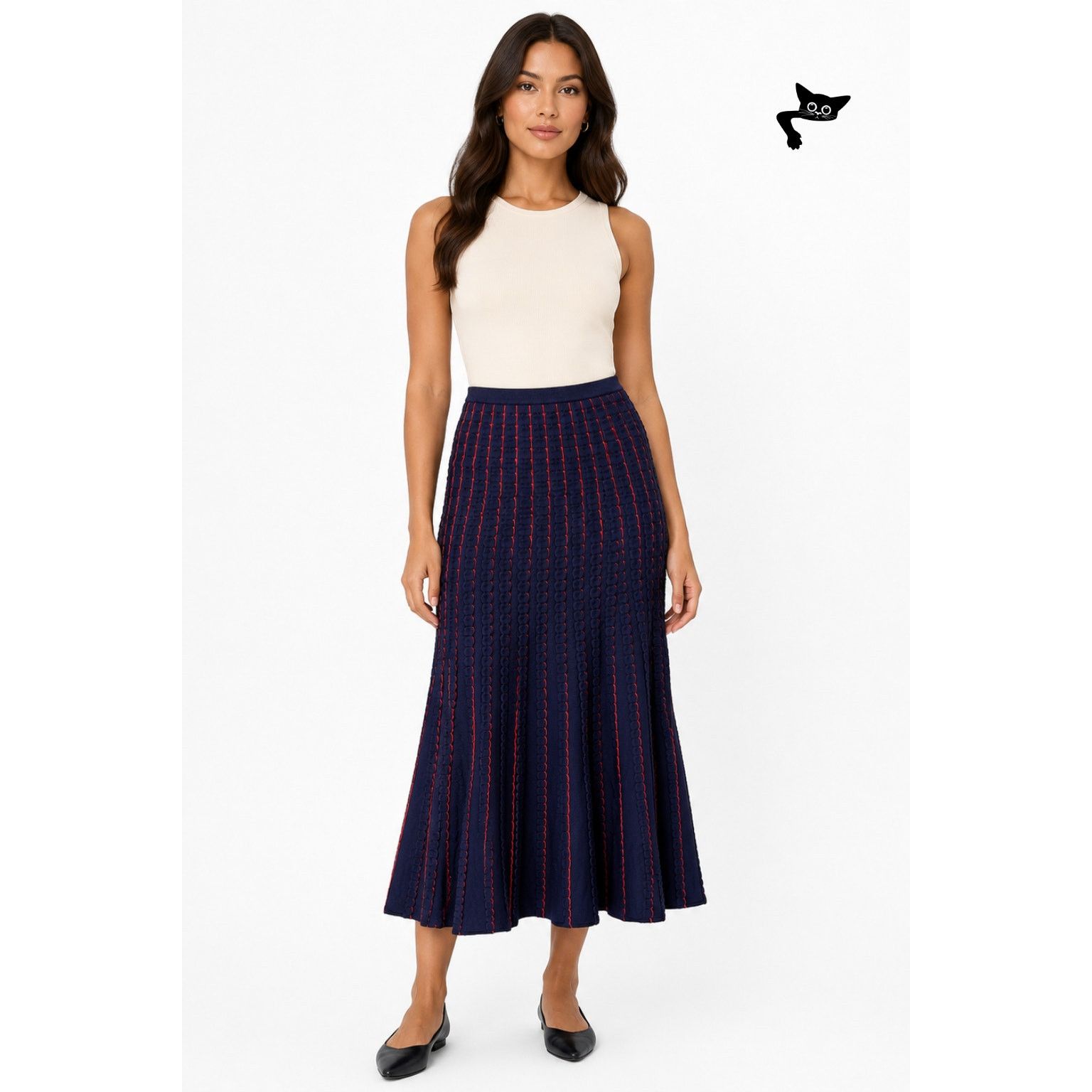 Zara Zara Women Navy Red Striped Knit Midi Skirt US S Size 24" / US 00 / IT 34 - 6 Thumbnail