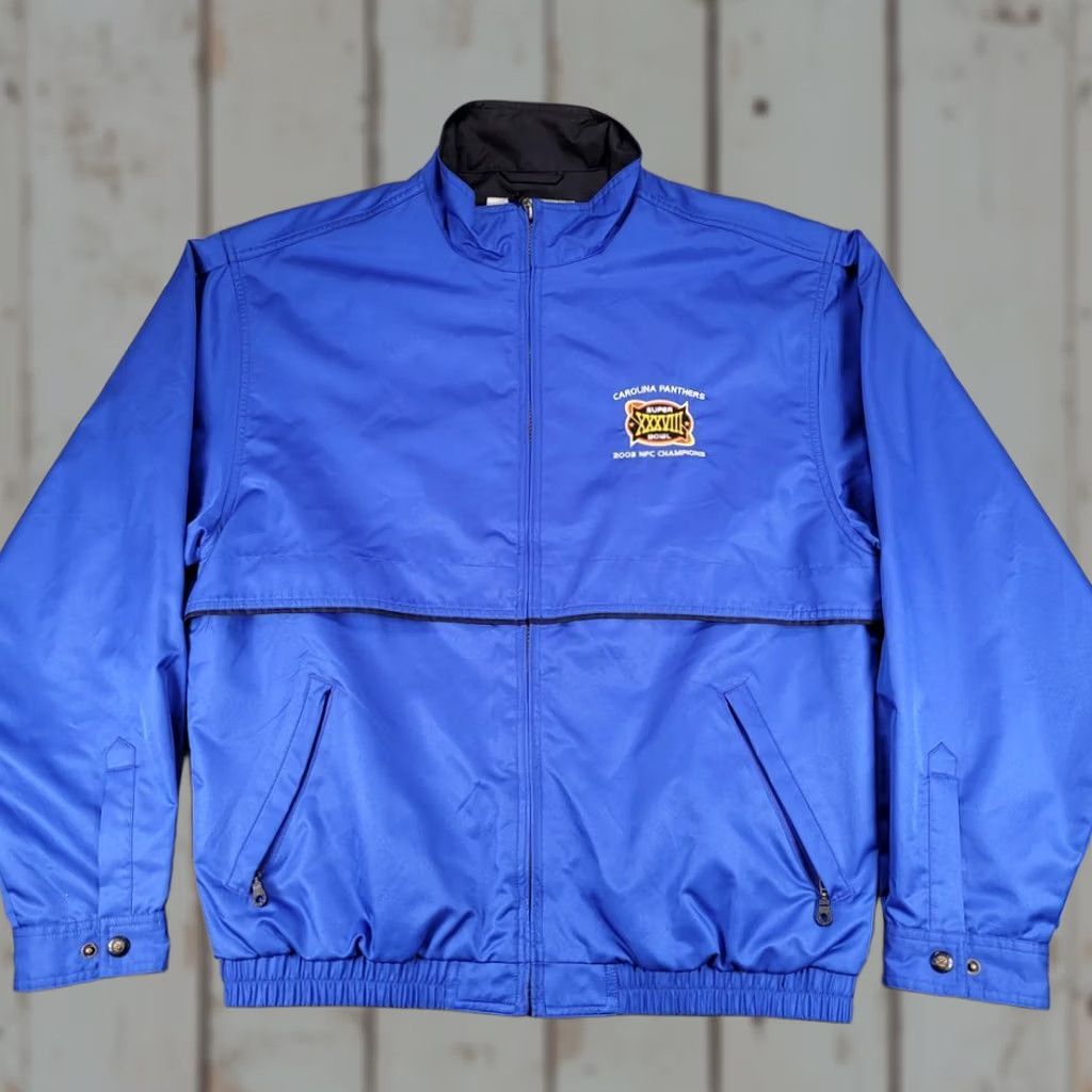 Vintage VINTAGE Carolina Panthers Super Bowl XXXVIII NFC Champions 2003 Windbreaker Jacket Med Black Mens Size US 31 - 1 Thumbnail