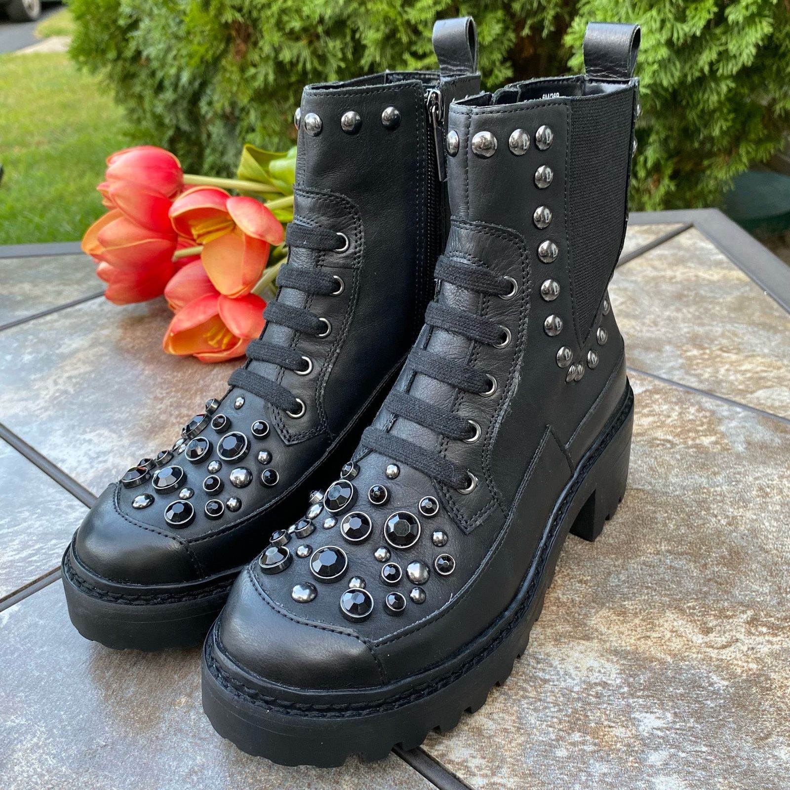 Karl Lagerfeld New KARL LAGERFELD Black Breck Studded Leather Moto Bootie Size US 6 / IT 36 - 3 Thumbnail