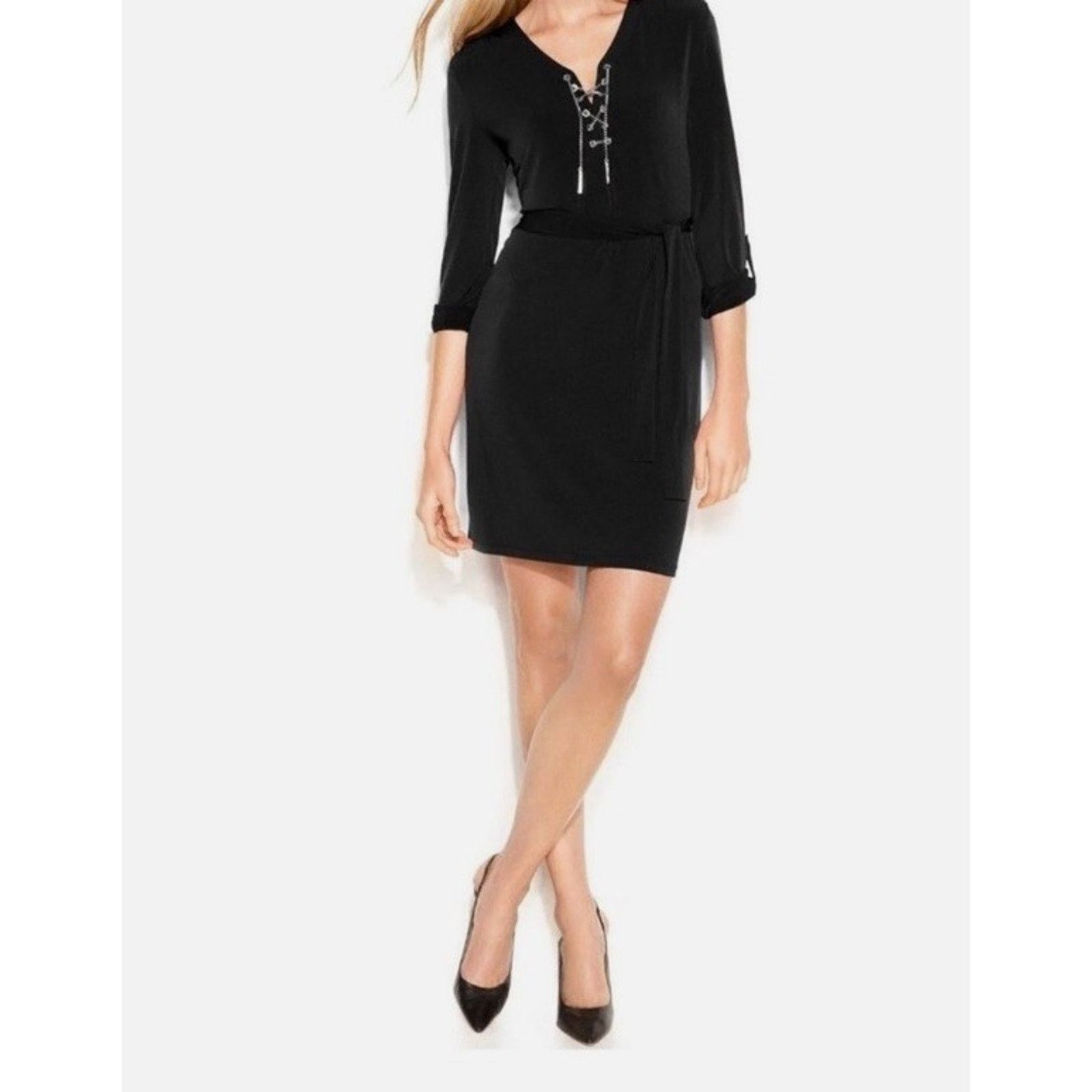 Michael Kors Michael Kors Navy Gold Chain Lace Up Shift Belted Dress Size S / US 4 / IT 40 - 1 Thumbnail
