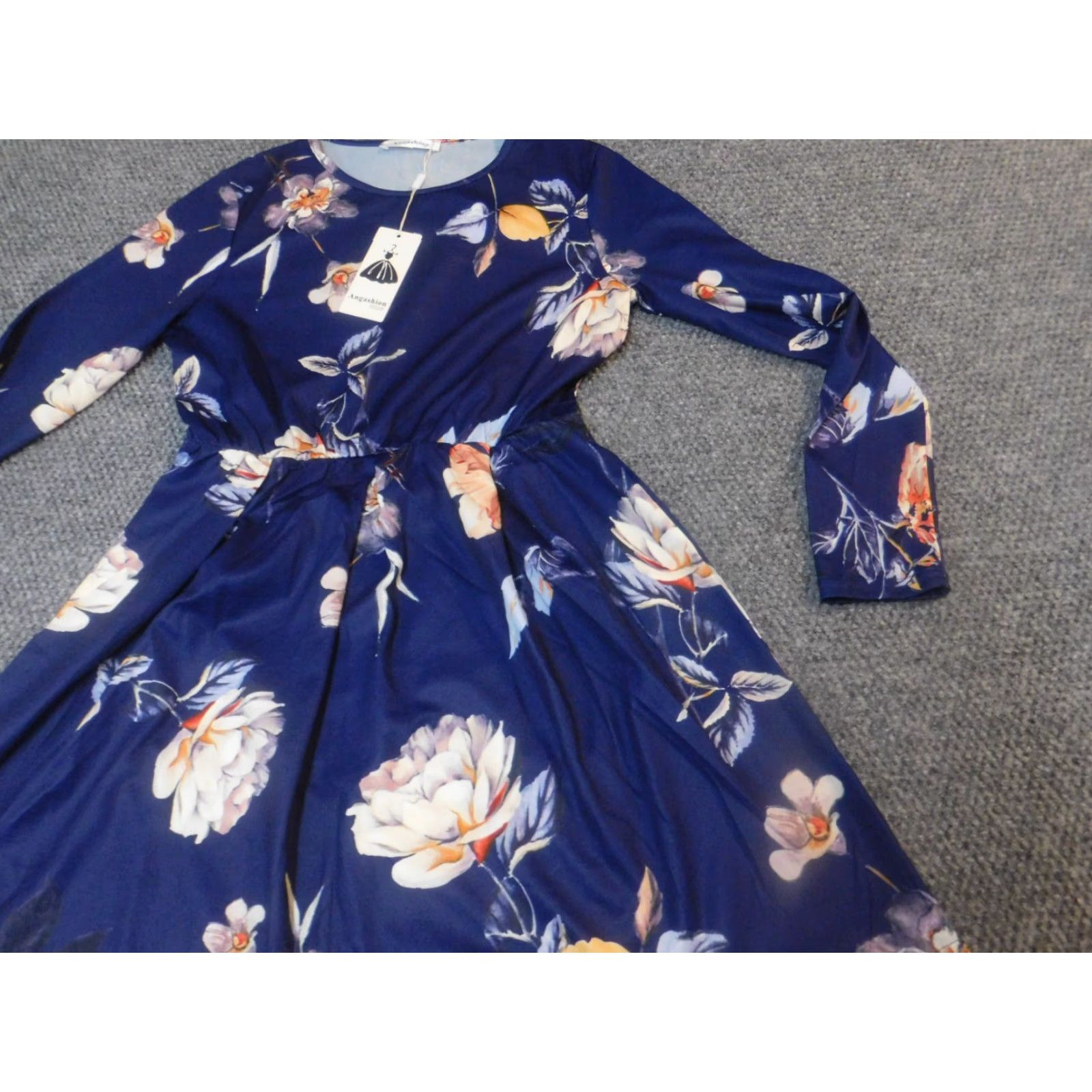 Vintage Angashion Womens Dress A-Line Long Sleeve Mock Neck Blue Floral Knit Nylon Puff Sleeve Casual M Size M / US 6-8 / IT 42-44 - 2 Thumbnail