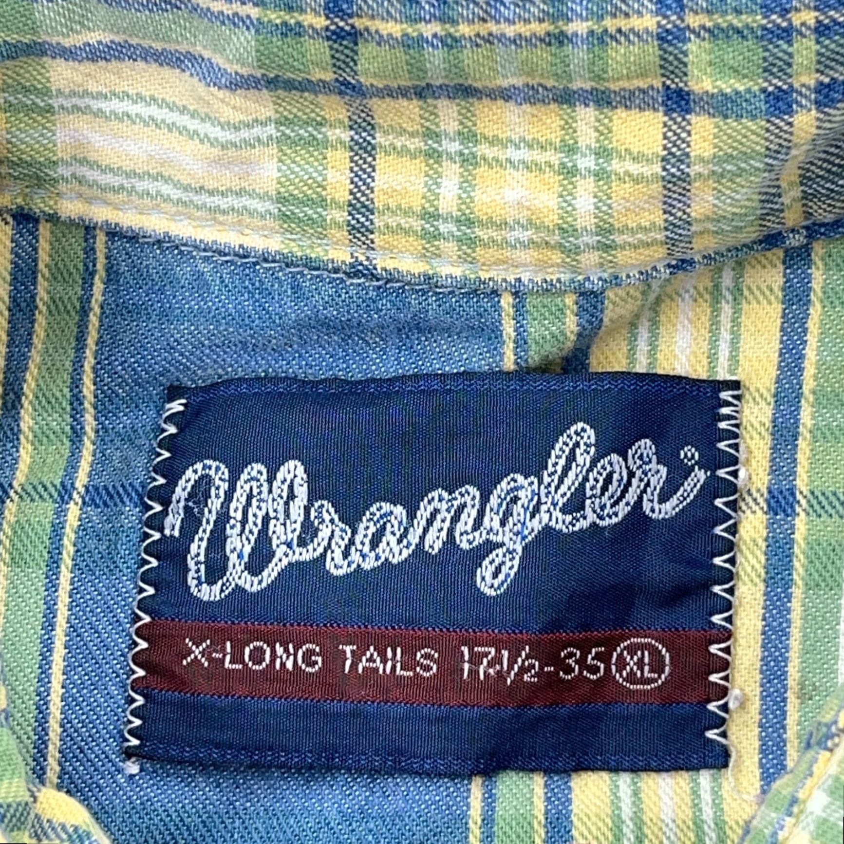 Wrangler VINTAGE Wrangler Shirt Men XL Blue Plaid Denim Pearl Snap Western Button-Up Long Sleeve 35" Tail Mens Western Casual Workwear Size US XL / EU 56 / 4 - 4 Thumbnail