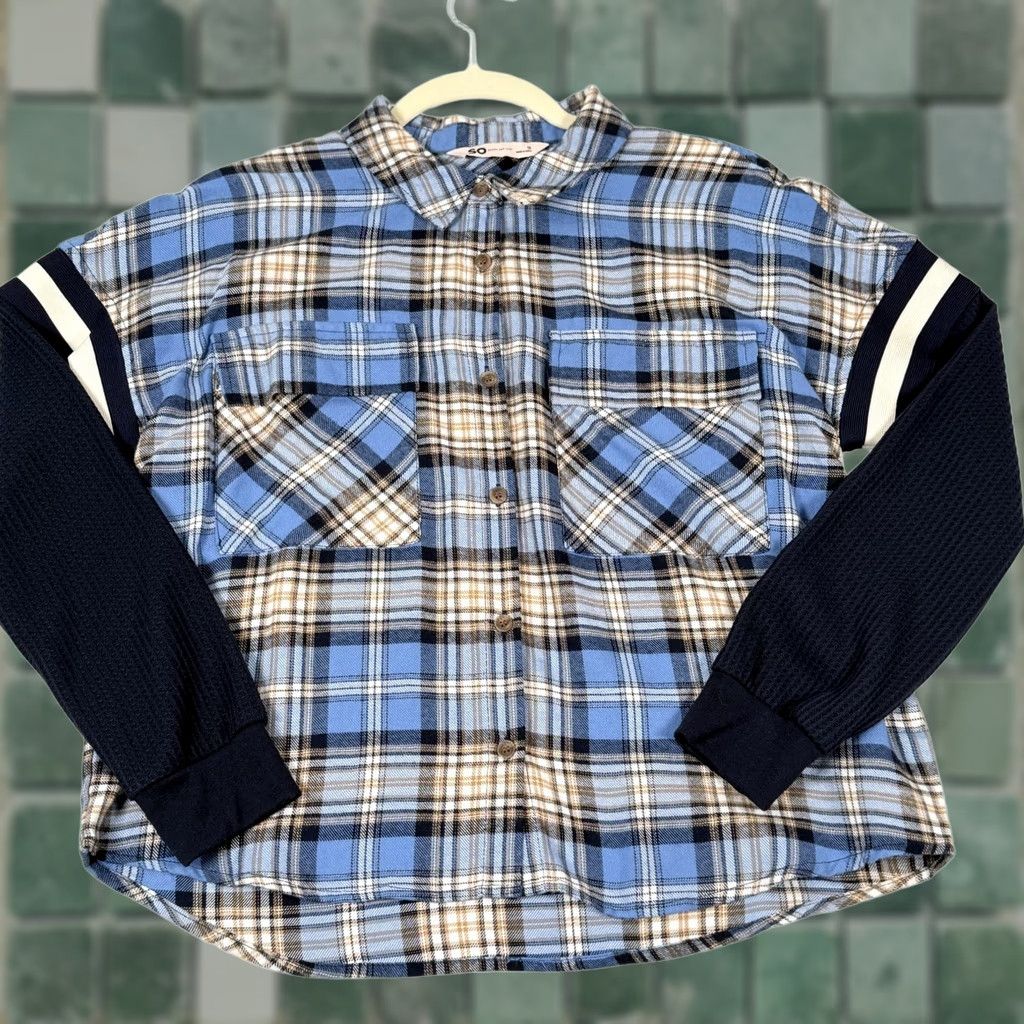Vintage SO Plaid Flannel Rugby Shirt LS Button Front Waffle Knit Oversized Slim Juniors S Blue Womens Size S / US 4 / IT 40 - 1 Thumbnail
