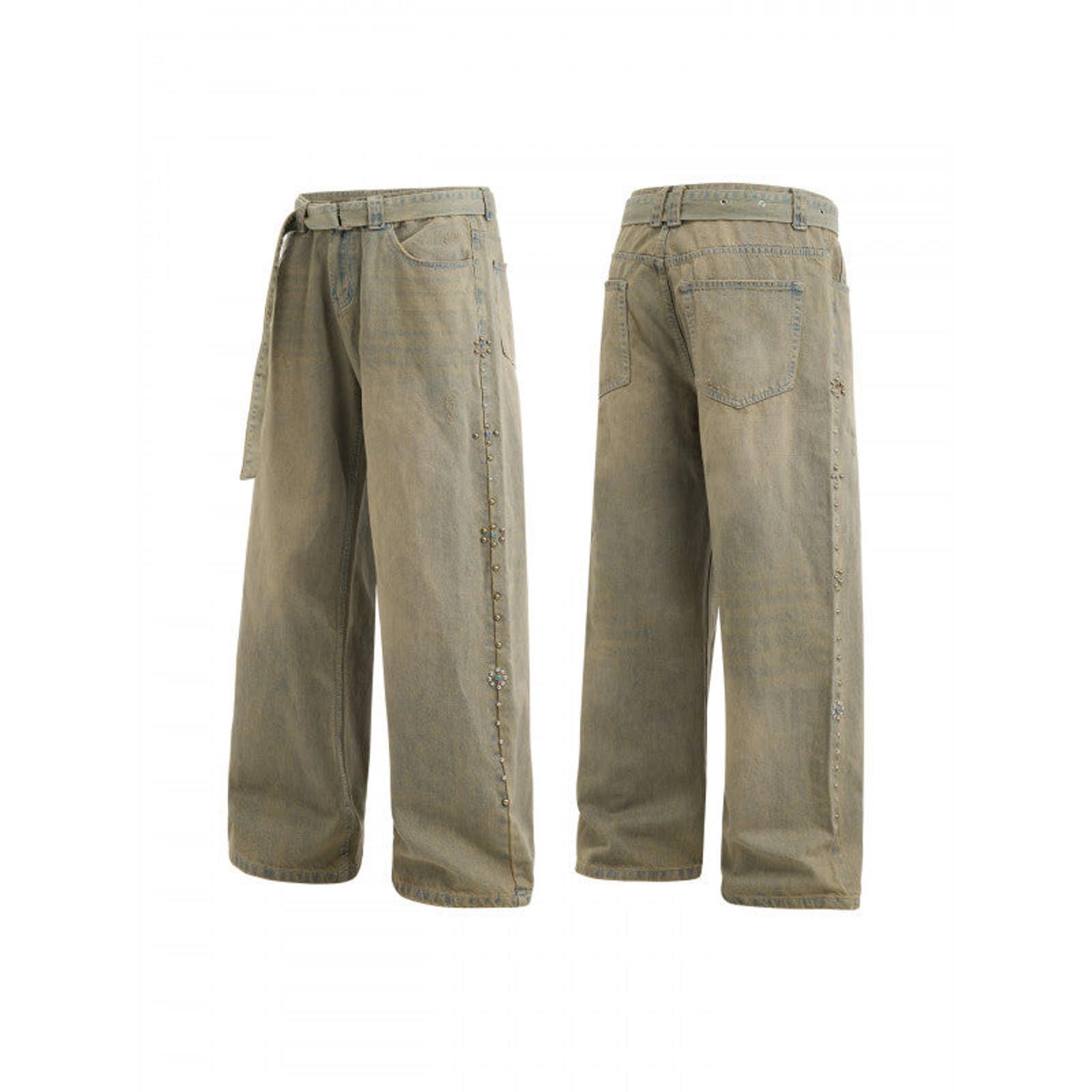 Japanese Brand Beige Wide Leg Denim Jeans with Studded Side Details Size US 32 / EU 48 - 4 Thumbnail