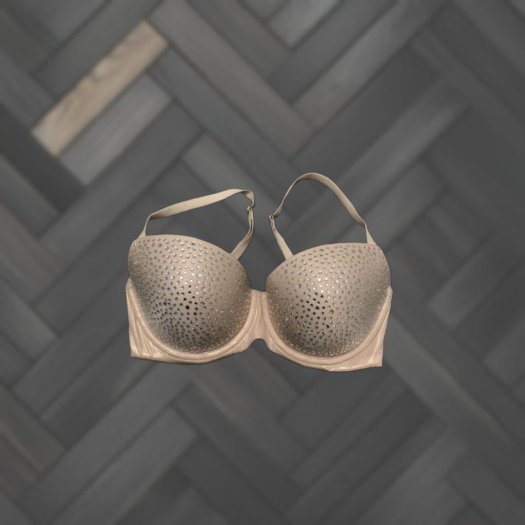 Victoria's Secret Victoria’s Secret Dream Angels Lined Demi Beige Bra 32DD Rhinestones Beige Pink Glitter Glow Womens DD Push Up Bra Size ONE SIZE - 1 Thumbnail