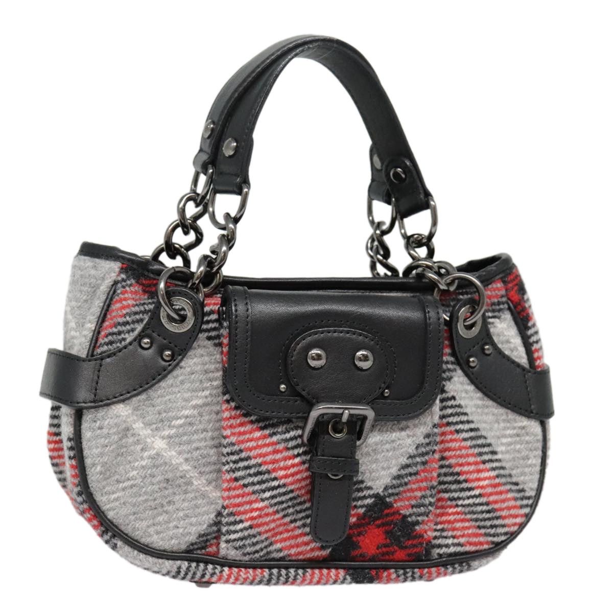 Burberry Nova Check Blue Label Chain Hand Bag Wool Gray