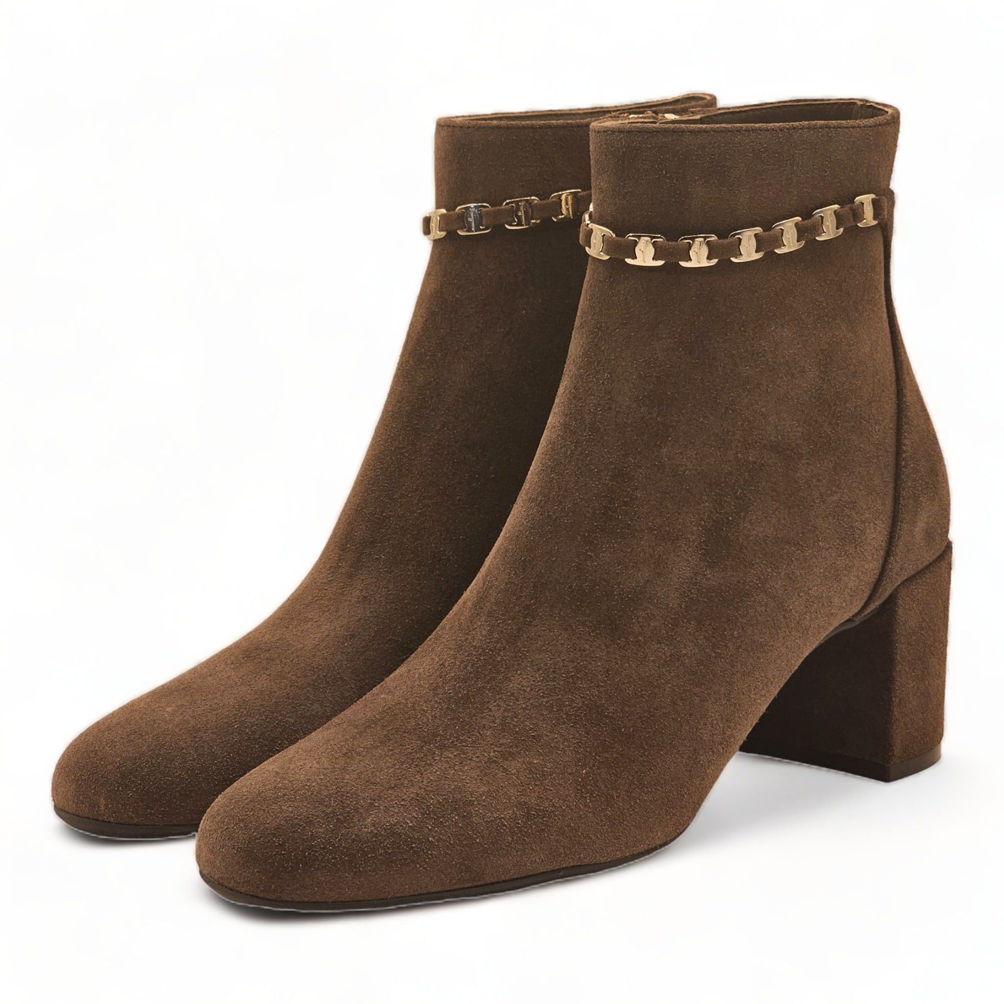 image of Salvatore Ferragamo Ghila Suede Ankle Boots 7 in Brown, Women's