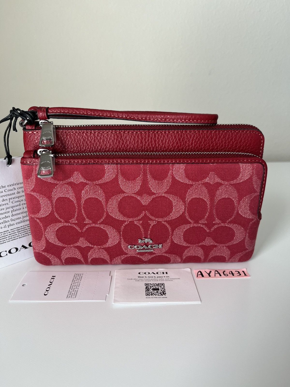 Coach double zip wristlet in signature denim