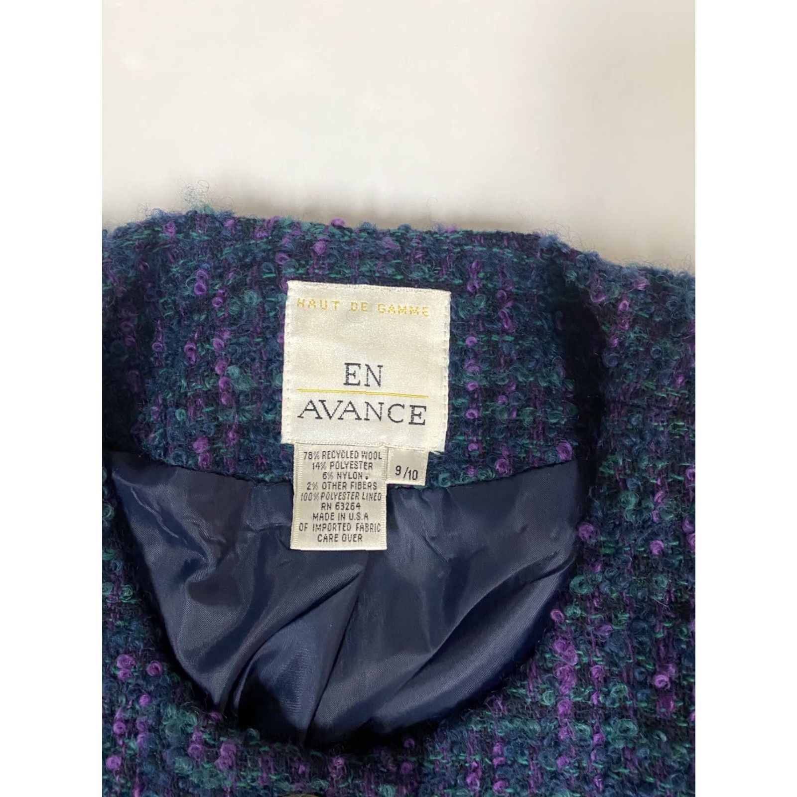 Vintage EN Avance Blazer Jacket Women 9 Blue Four-Button Casual Formal Wool Polyester Striped Notch Lapel Lightweight Mid-Length Modern Tuxedo Fall Winter Size M / US 6-8 / IT 42-44 - 4 Thumbnail