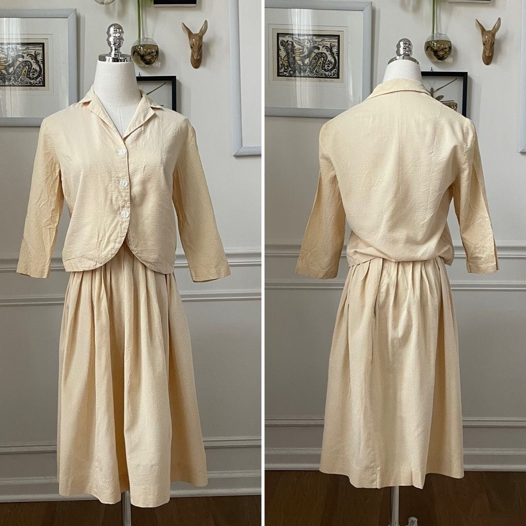 Vintage Vintage 50s Yellow Seersucker Stripe Blouse Skirt Outfit Mix Size XS / US 0-2 / IT 36-38 - 1 Thumbnail