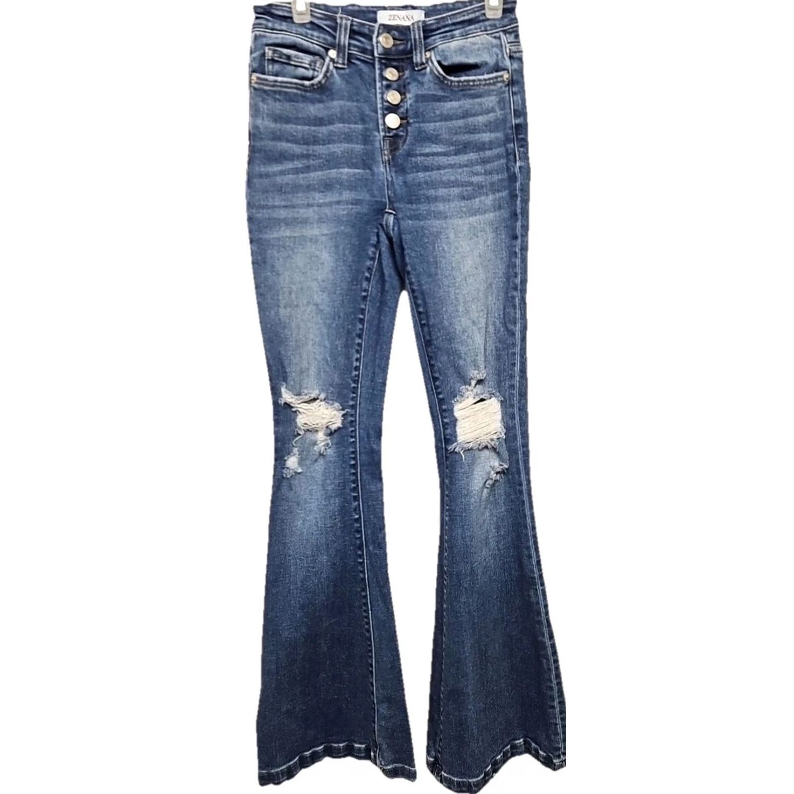 Vintage Zenana Womens High Rise Flare Jeans Size 24 Button Fly Distressed Stretch Denim Blue 29 Inseam Regular Rise Jeans Womens 24 Regular XS? Size 42" / US 20 - 2 Thumbnail