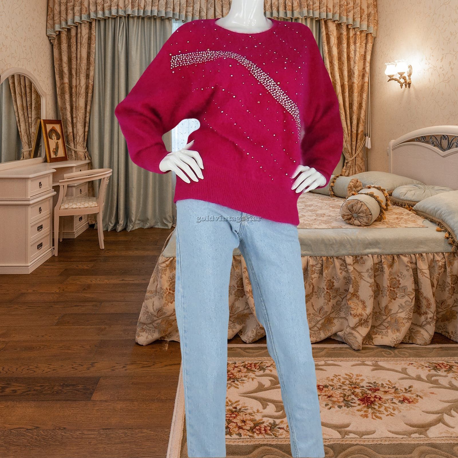 image of Vintage Angora Beaded Pink Pullover Sparkle M in Red, Women's (Size Medium)