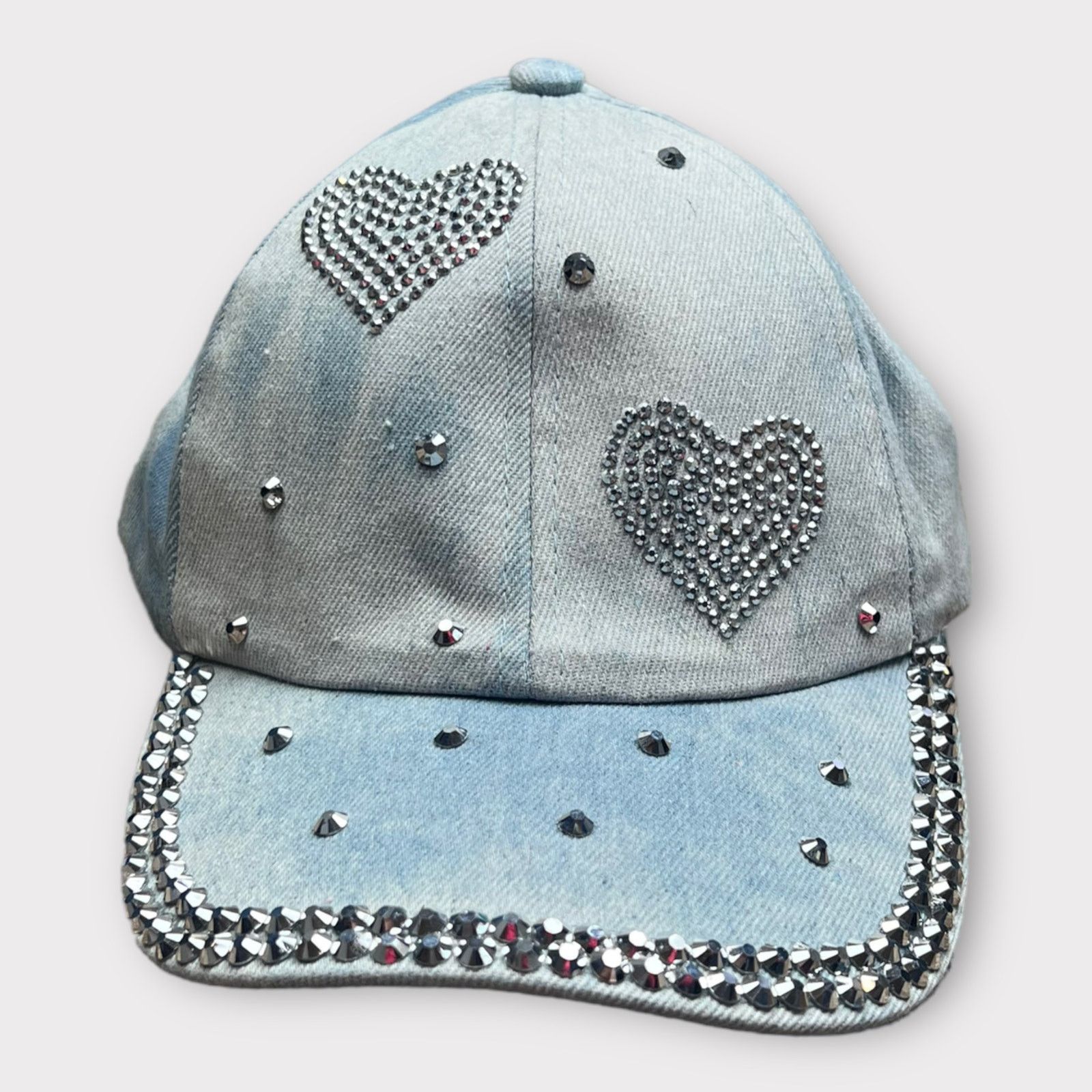 Vintage Baseball Denim Adjustable Cap | Double Rhinestone Hearts Size ONE SIZE - 1 Thumbnail
