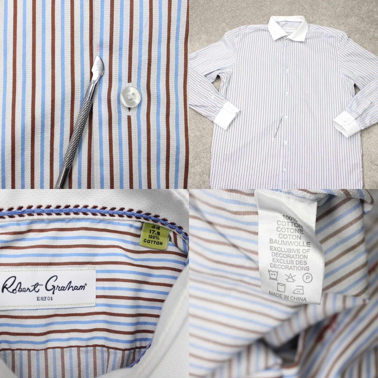 Robert Graham Robert Graham Shirt Mens 17.5 44 Blue/Brown Contrast Collar Cotton Long Sleeve Dress Shirt Mens Size US XXL / EU 58 / 5 - 8 Thumbnail