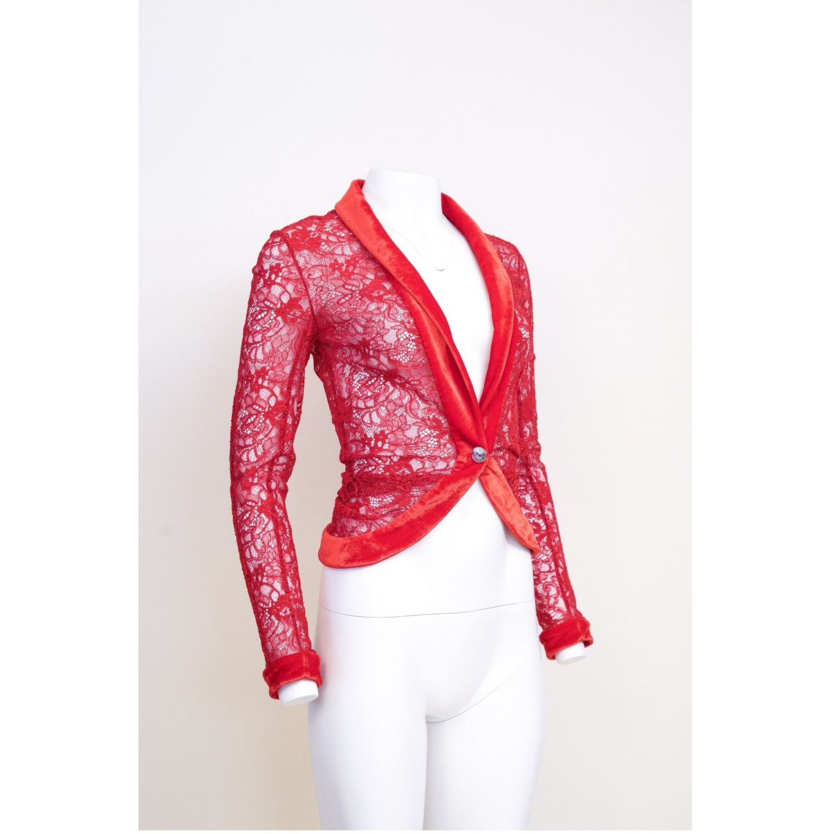 Dior Christian Dior F/W 2003 Red Lace Jacket Top with Velvet Trim Size S / US 4 / IT 40 - 3 Thumbnail