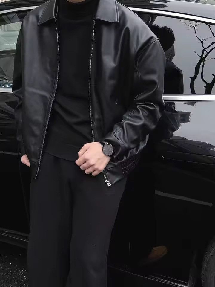 Japanese Brand Boxy Faux Leather Bomber Jacket - Minimalist Korean Style Size US L / EU 52-54 / 3 - 3 Thumbnail