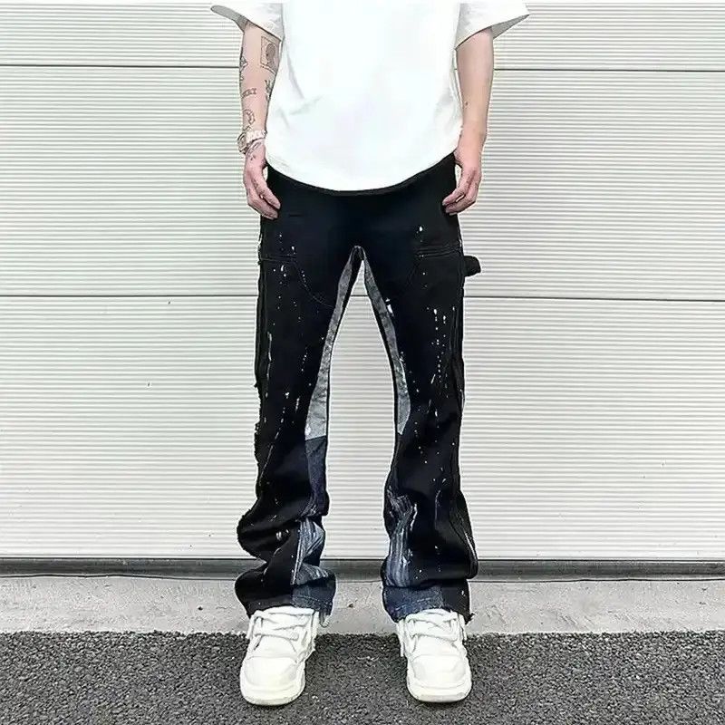 Japanese Brand Contrast Color Splice Speckled Ink Paint Micro Flared Jeans Size US 32 / EU 48 - 1 Thumbnail