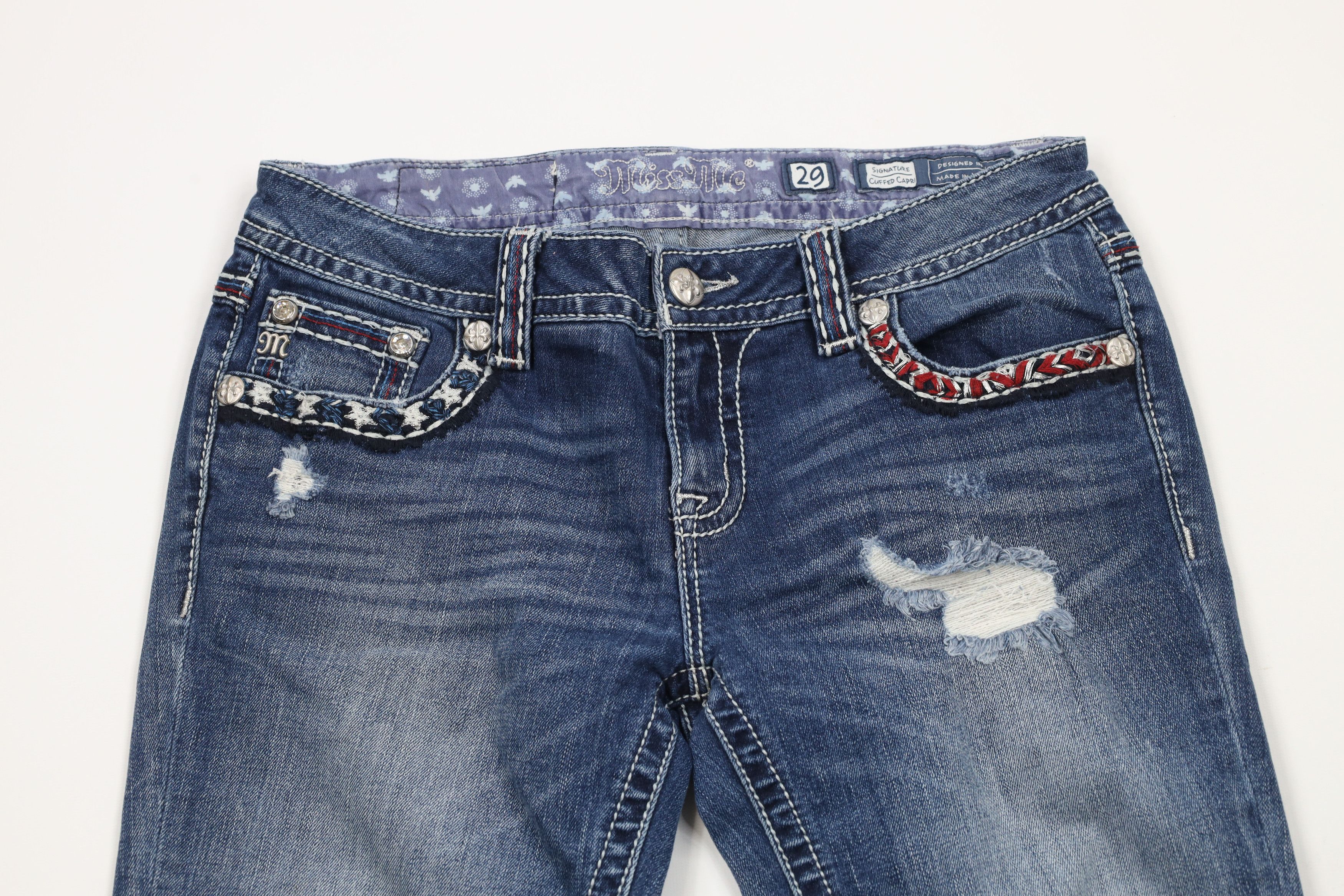 Miss Me × Vintage Miss Me USA Flag Signature Cuffed Capri Denim Jeans Blue Size 29" - 2 Thumbnail