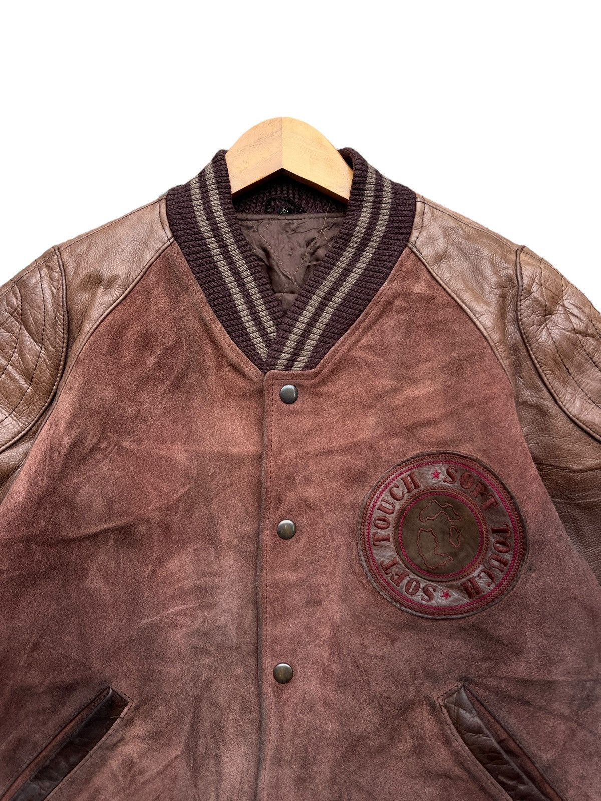Vintage Vintage 90s Soft Touch Brown Varsity Leather Jacket Size US M / EU 48-50 / 2 - 5 Thumbnail