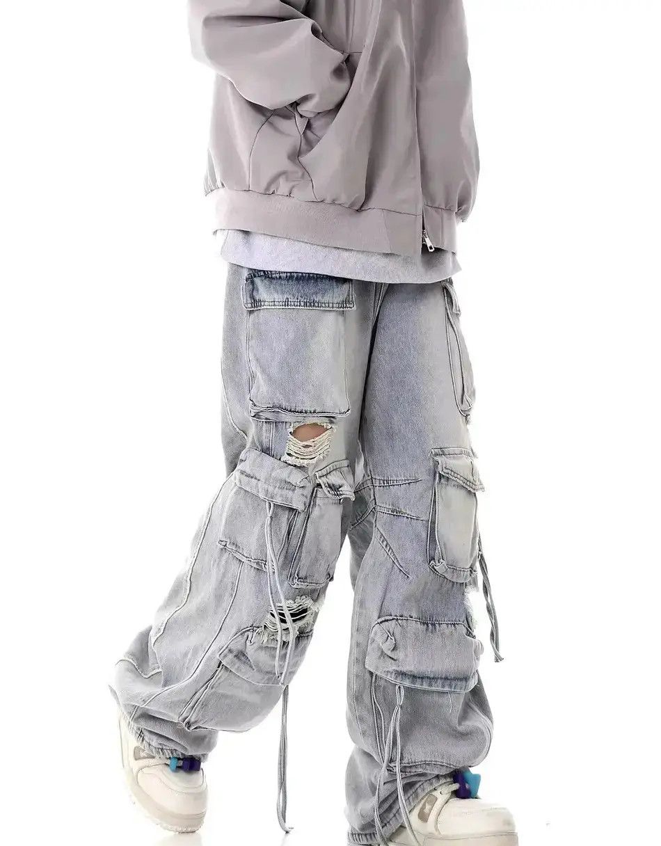 Japanese Brand Street Hip Hop Grunge Ripped Wide Leg Jeans Pants Size US 32 / EU 48 - 5 Thumbnail
