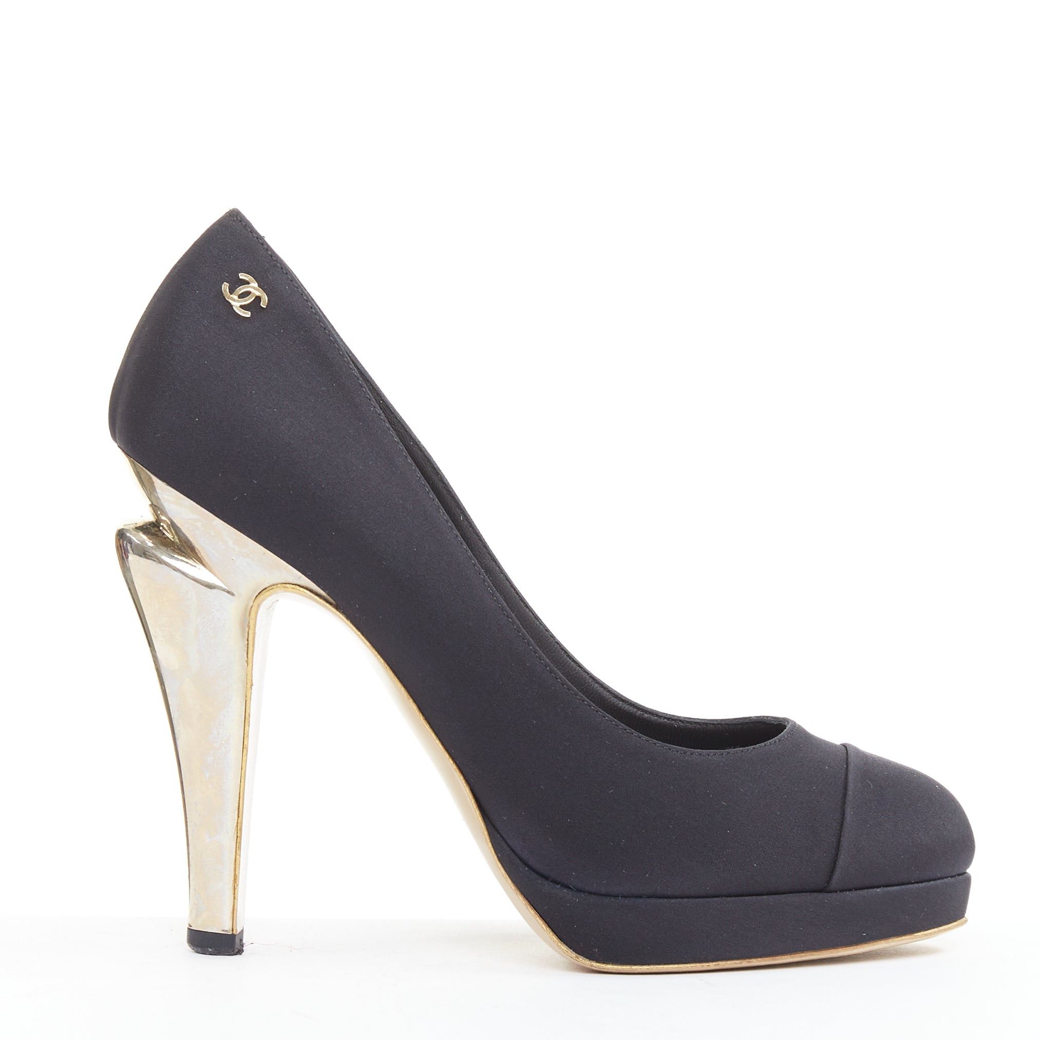Chanel CHANEL 08A black satin cap toe gold sculpted metal bolt heel platform pumps EU37.5 Size US 7.5 / IT 37.5 - 1 Thumbnail