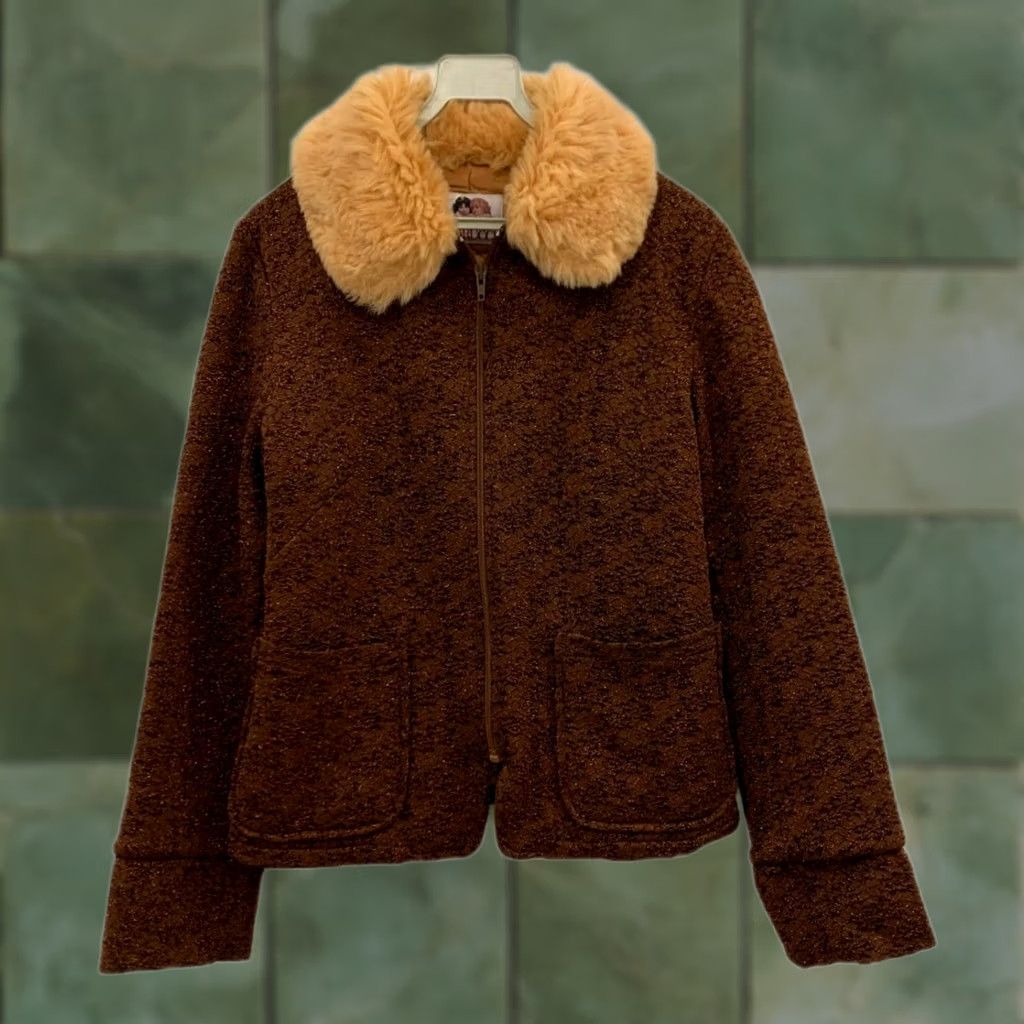 Fiorucci VINTAGE Fiorucci Jacket Women Medium Brown Bouclé Faux Fur Collar Italy Cherub Logo 90s 00s Size M / US 6-8 / IT 42-44 - 1 Thumbnail