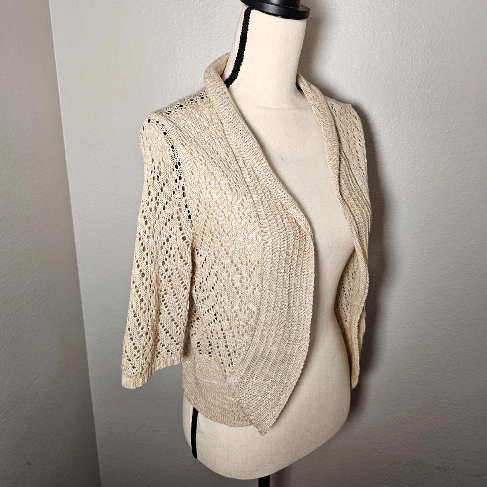 Vintage Leo & Nicole Cardigan Sweater Womens Size M Beige 3/4 Sleeve V-Neck Open Front Knit Logo All Seasons Regular Knitwear Size M / US 6-8 / IT 42-44 - 2 Thumbnail