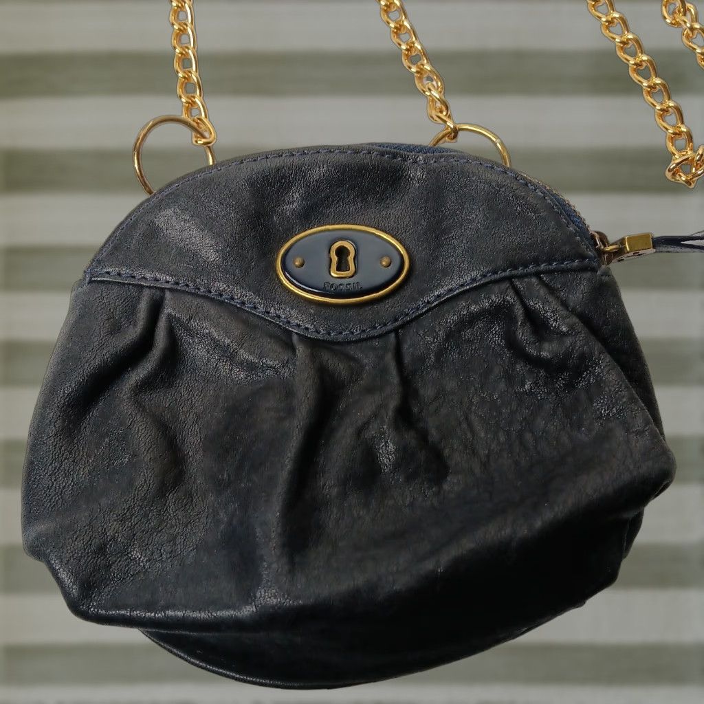 Fossil Fossil Purse Small Black Leather Gold Tone Chain Keyhole Zip 7.5" Satin Lining Brass Gold Hardware Women Bag Shoulder Strap Evening Size ONE SIZE - 1 Thumbnail
