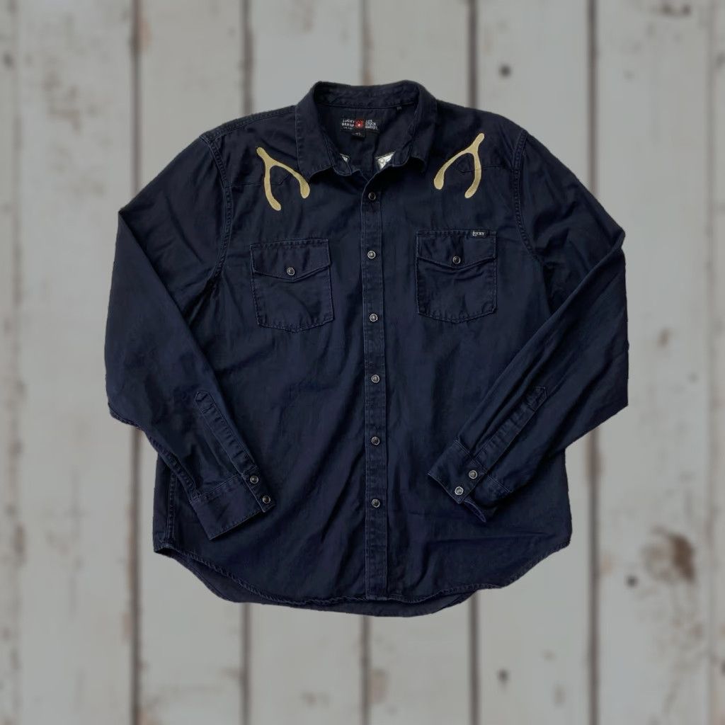 Lucky Brand Western Shirt Lot Stock and Barrel Black Pearl Snap XL Size Men Button-Up Long Sleeve Collared Pocket Casual Vintage: No