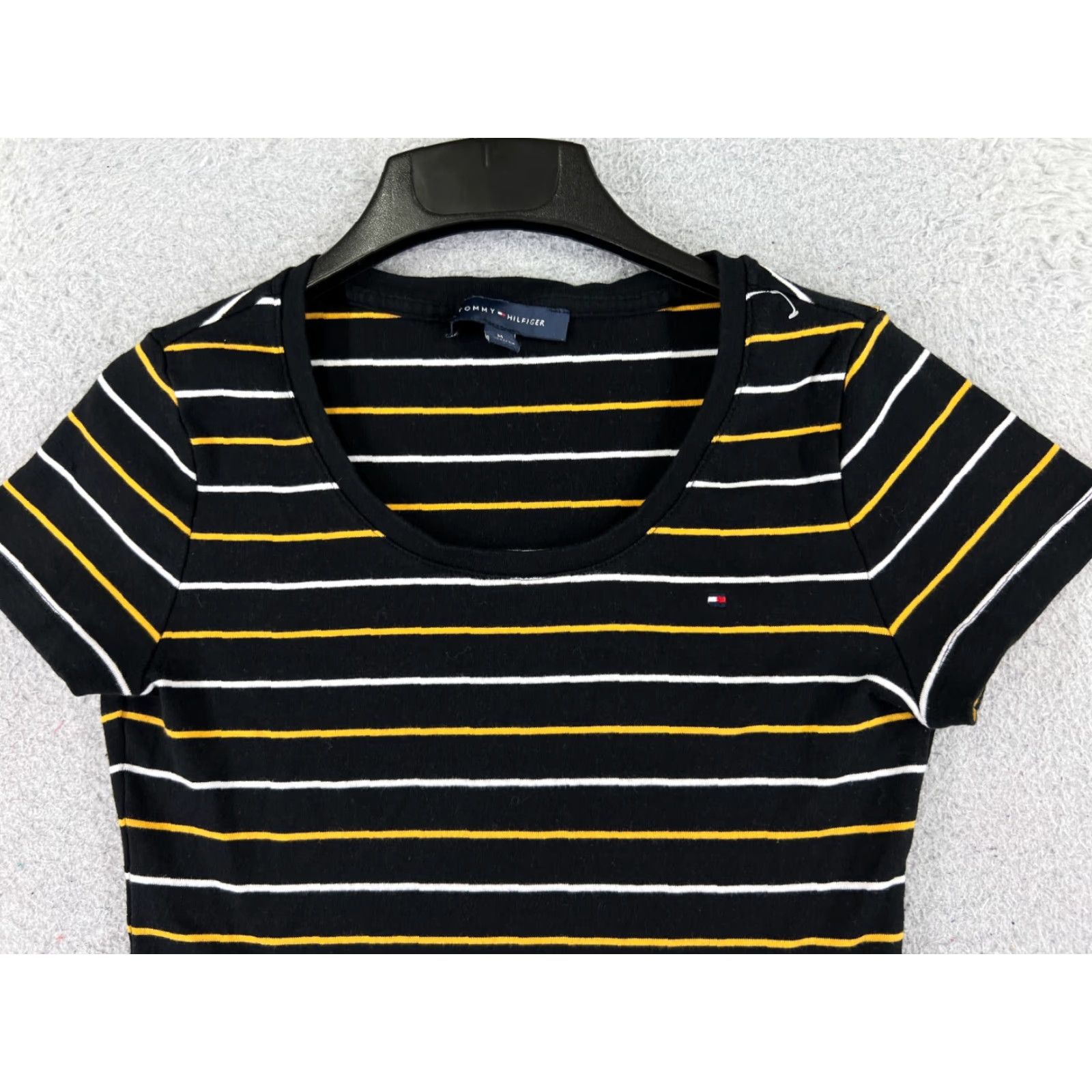 Tommy Hilfiger VINTAGE Tommy Hilfiger Shirt Juniors M Black Yellow White Stripe Scoop Neck Cotton Size M / US 6-8 / IT 42-44 - 4 Thumbnail