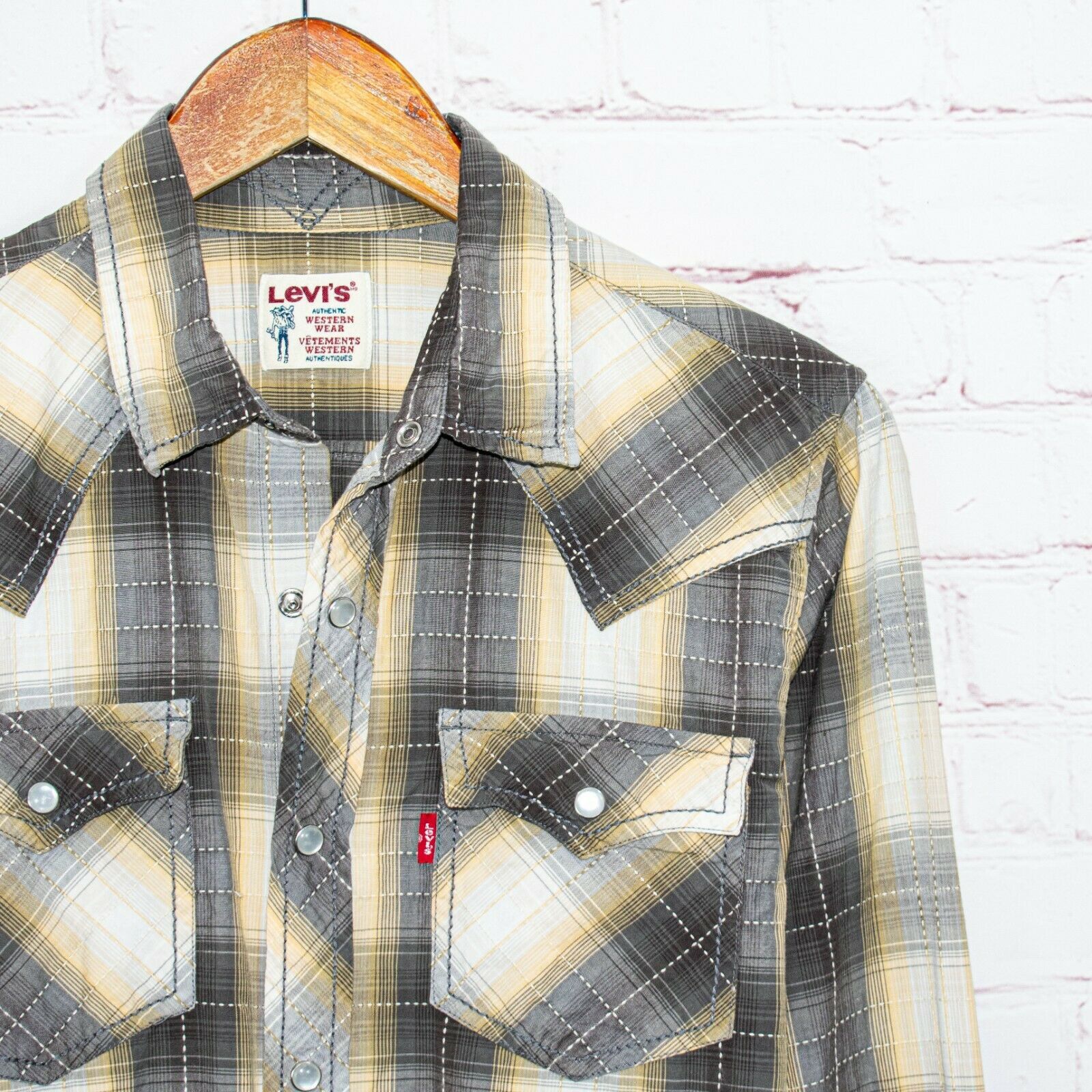 Levi's Vtg Levi's Western Pearl Snap Shirt Gray Beige Plaid Size US S / EU 44-46 / 1 - 2 Thumbnail