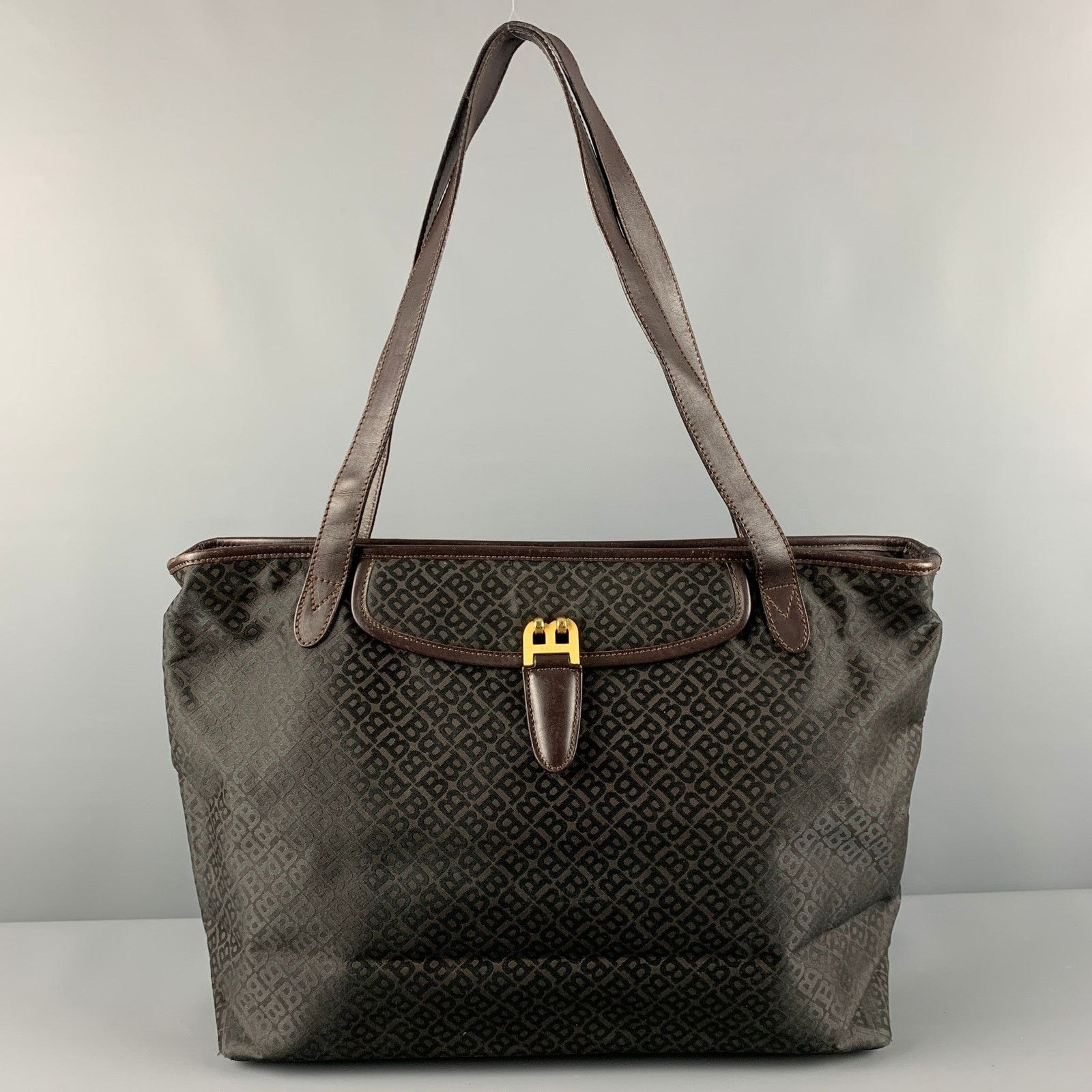 BALLY Brown Monogram Nylon Leather Tote Handbag