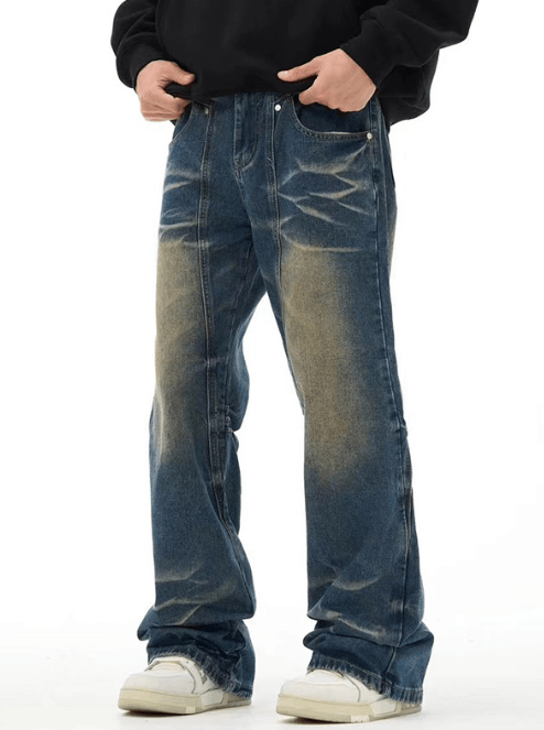 Japanese Brand × Jean Vintage washed dark blue distressed patchwork bootcut jeans Size US 32 / EU 48 - 1 Thumbnail