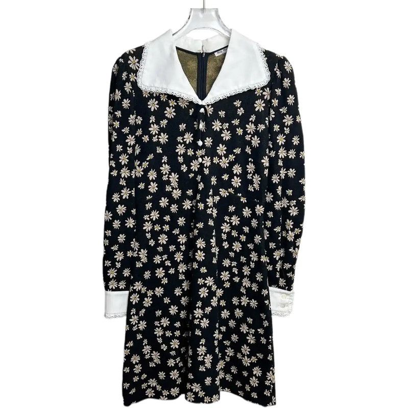 Miu Miu Miu Miu Black Cotton Dress with Floral Print 0089 Size S / US 4 / IT 40 - 1 Thumbnail
