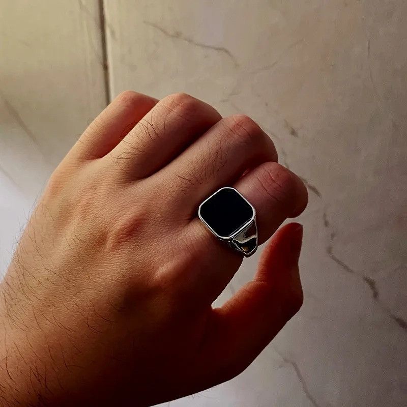 Other Retro Flat Square Black Glass Ring Size ONE SIZE - 6 Thumbnail