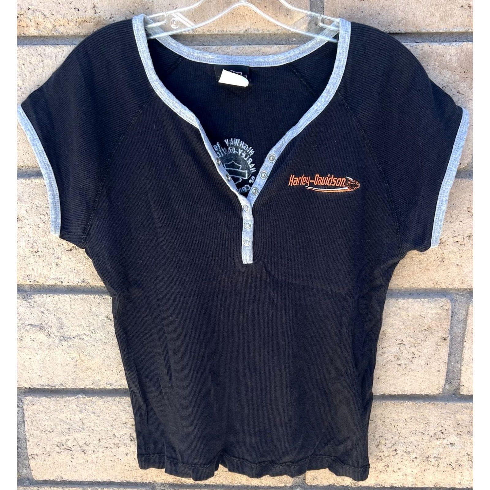 Harley Davidson Harley-Davidson Womens Ribbed Henley T Shirt Black Y2K Fitted Motorcycle Top L Size L / US 10 / IT 46 - 2 Thumbnail