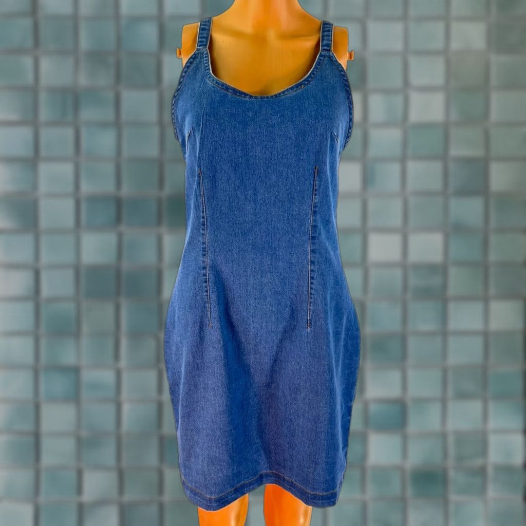 Denime VINTAGE Highway Jeans Denim Strapless Mini Dress Womens Size L Blue Cross Back Strap 90s Hippie Dress Womens Size 36" / US 14 / IT 50 - 1 Thumbnail
