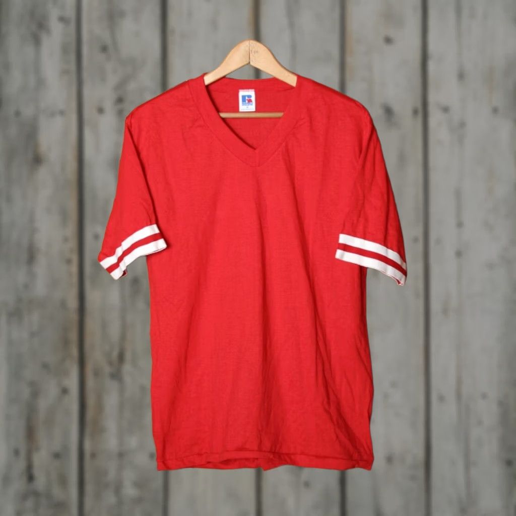 Russell Athletic VINTAGE Russell Athletic Red Single Stitch V-Neck Baseball T-Shirt Sz M Mens Size US M / EU 48-50 / 2 - 1 Thumbnail